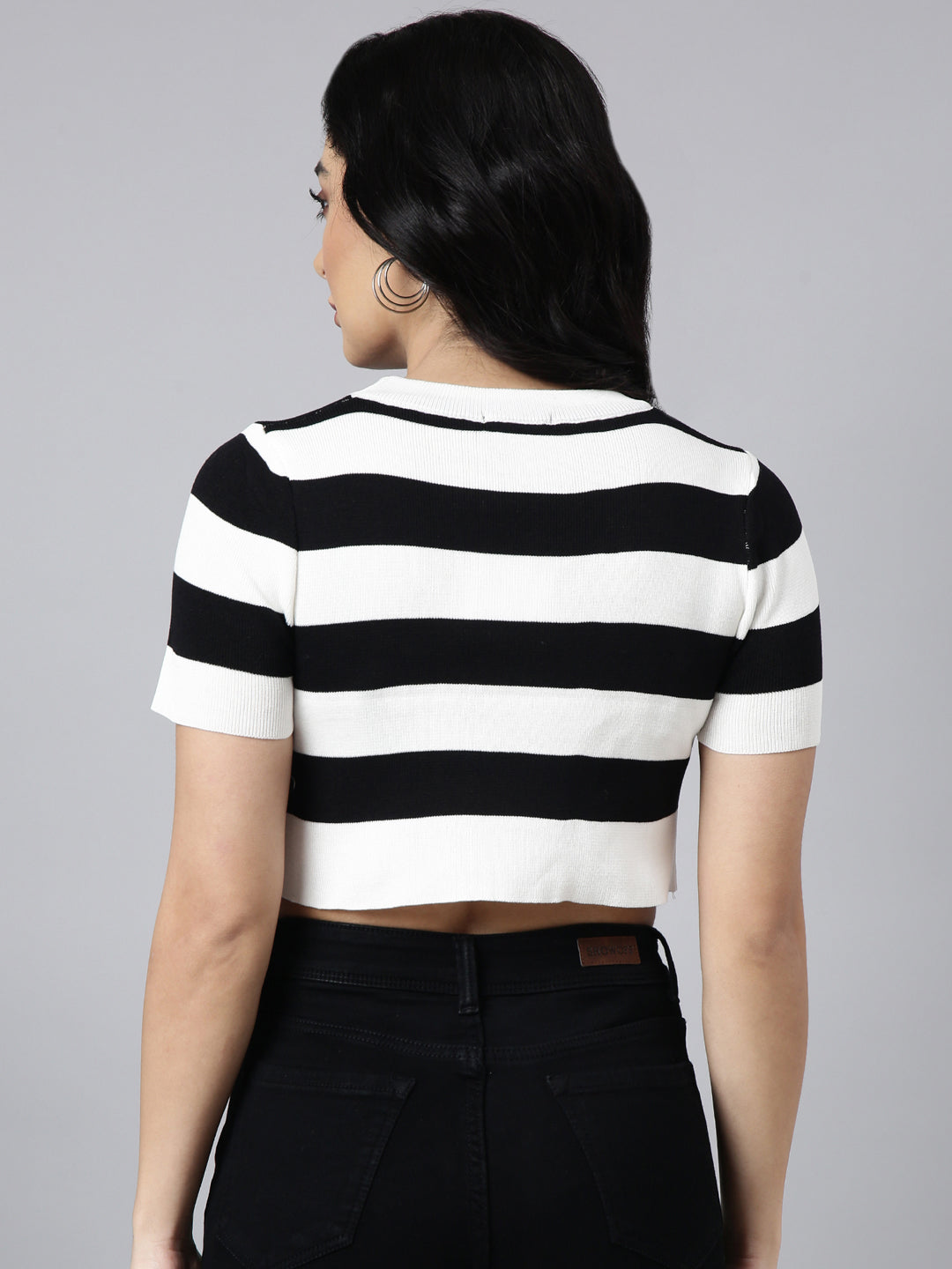 Women's Black Horizontal Stripes Fitted Crop Top