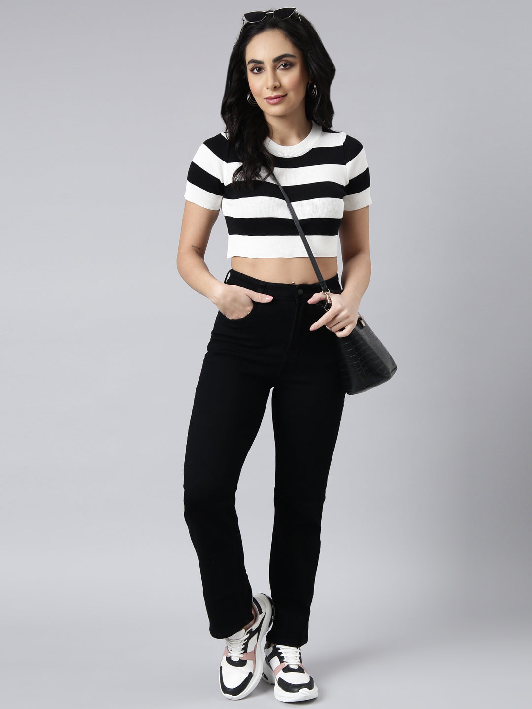 Women's Black Horizontal Stripes Fitted Crop Top