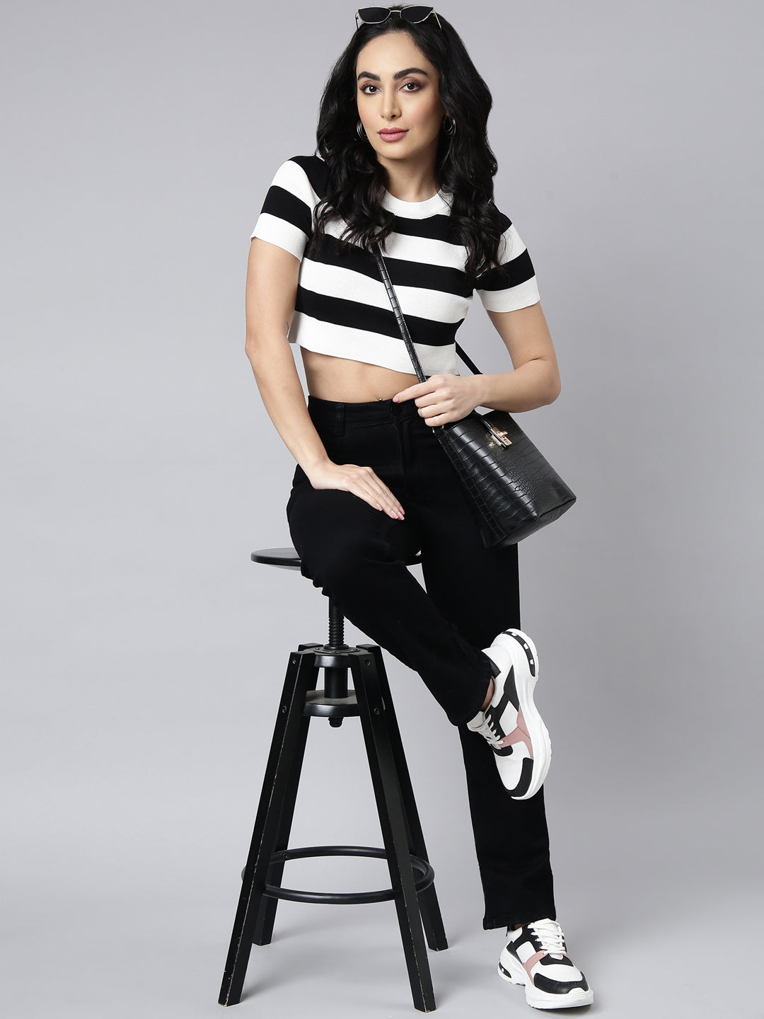 Women's Black Horizontal Stripes Fitted Crop Top