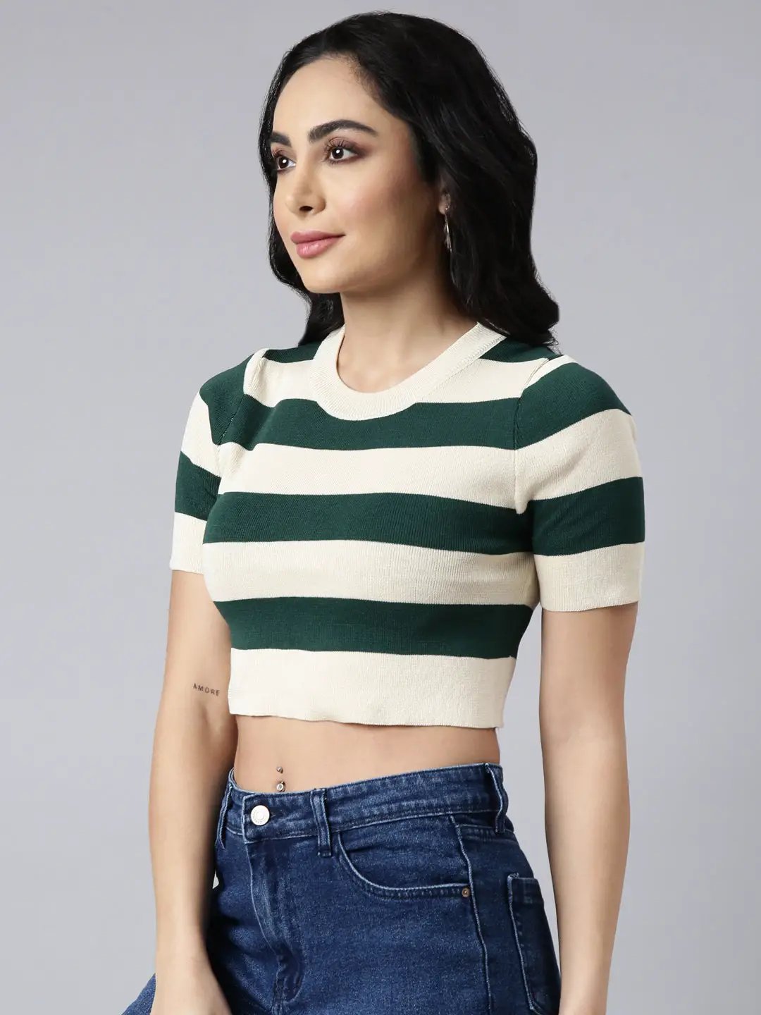 Women's Green Horizontal Stripes Fitted Crop Top