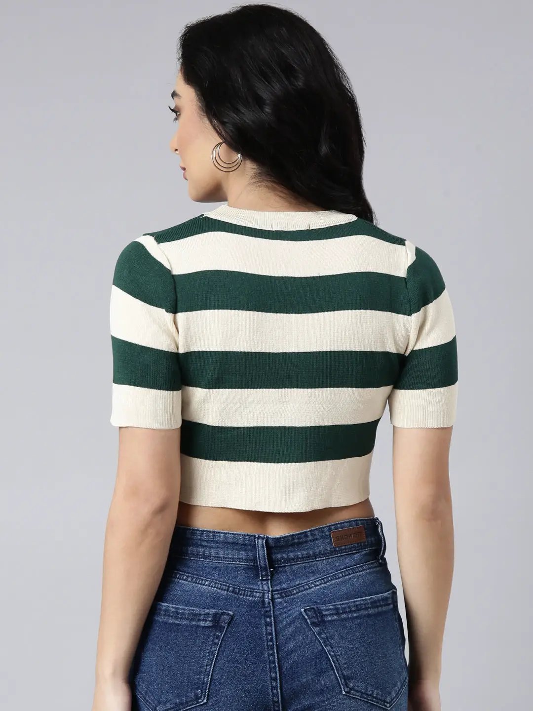 Women's Green Horizontal Stripes Fitted Crop Top
