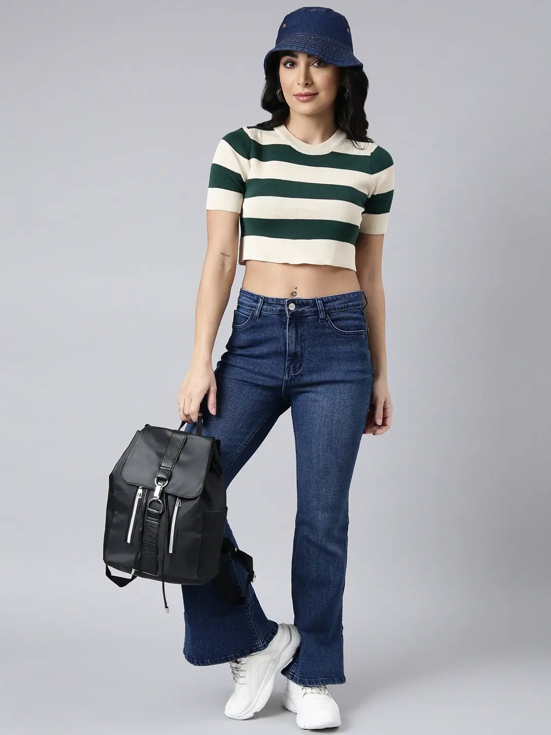 Women's Green Horizontal Stripes Fitted Crop Top