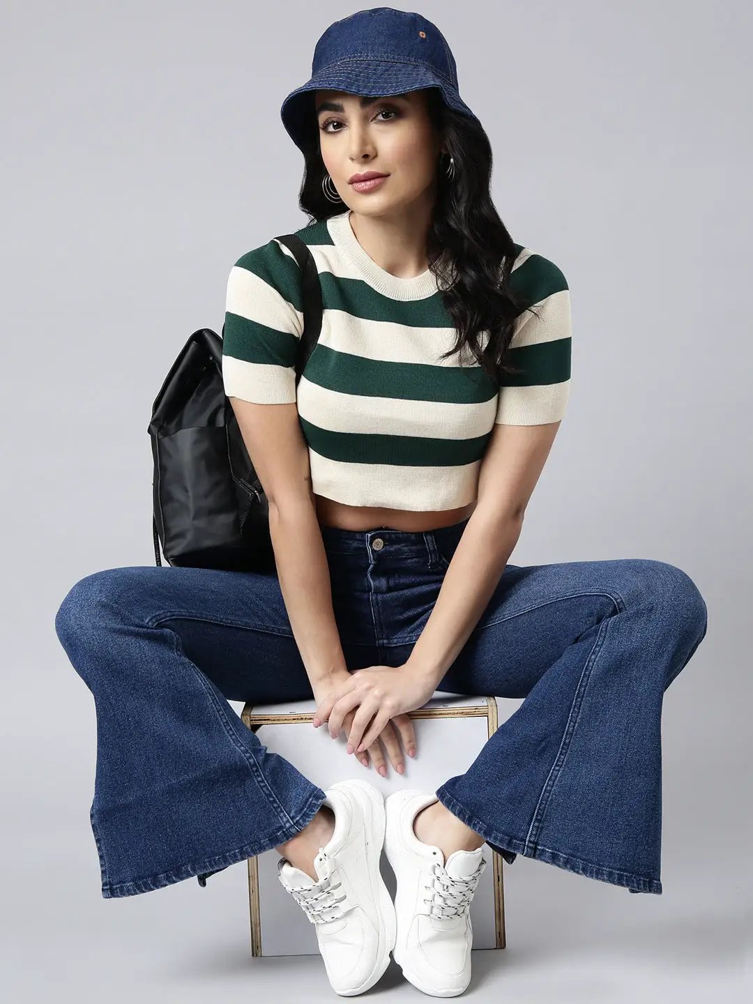 Women's Green Horizontal Stripes Fitted Crop Top
