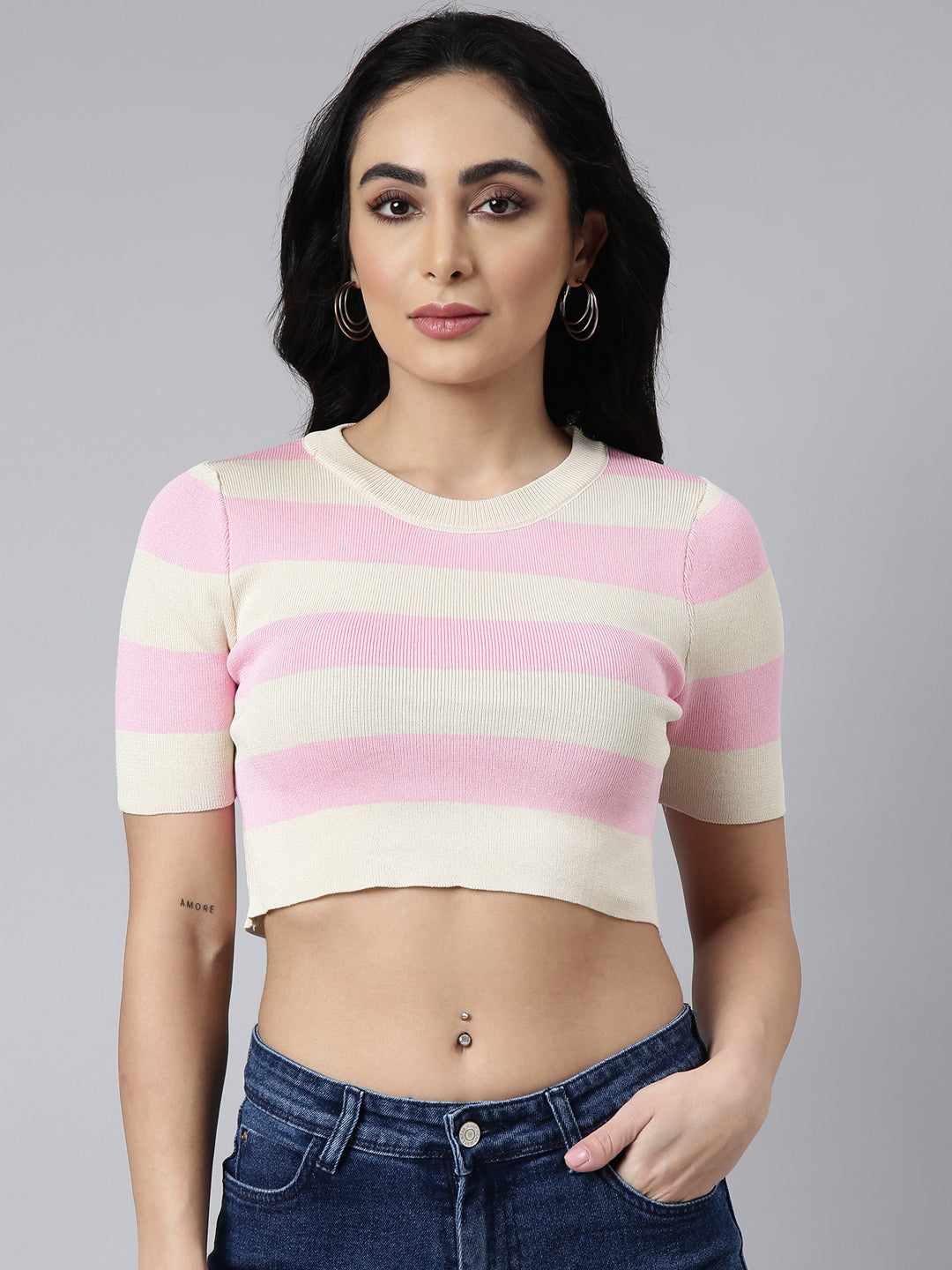 Women Pink Horizontal Stripes Fitted Crop Top