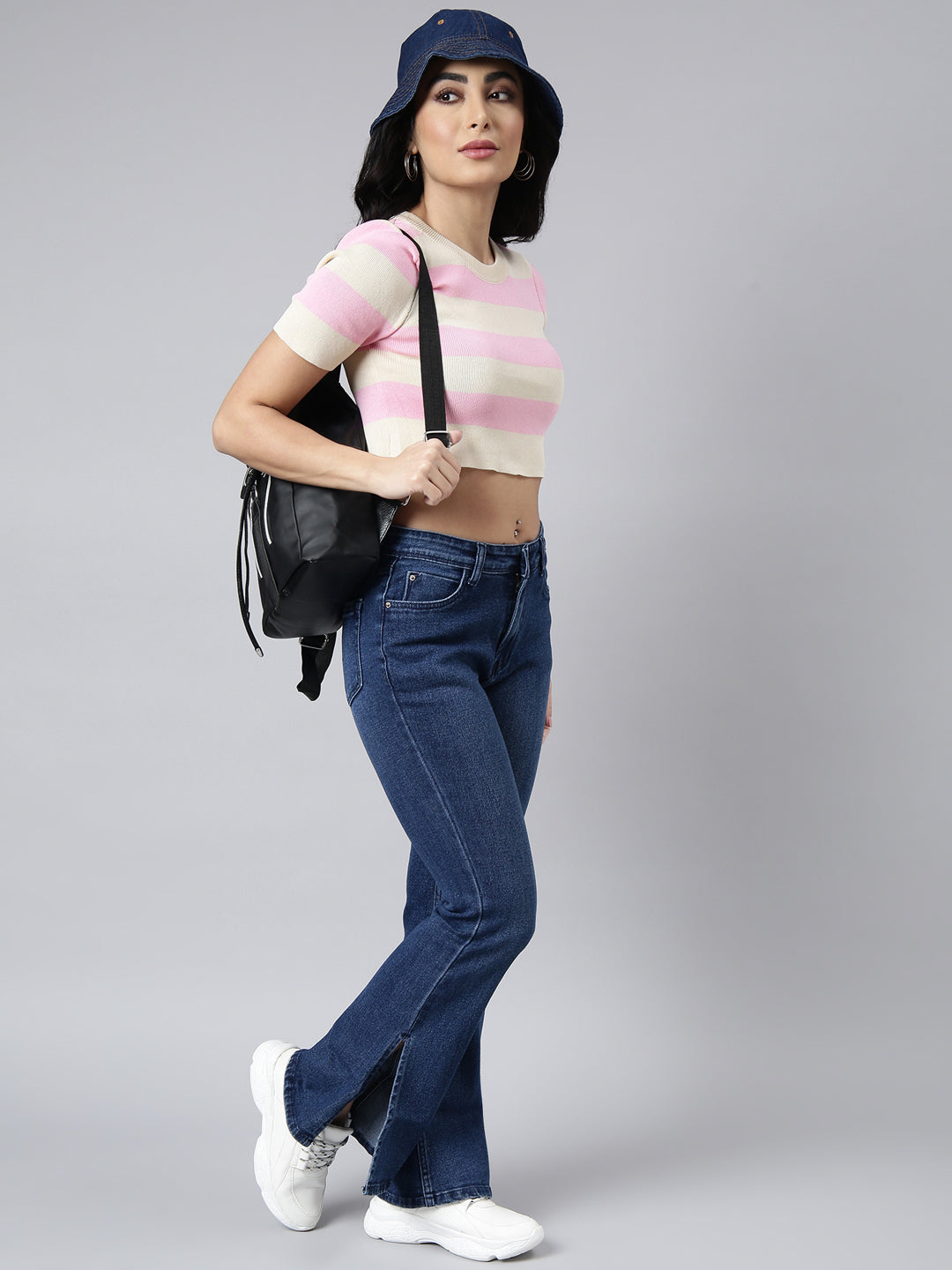 Women Pink Horizontal Stripes Fitted Crop Top