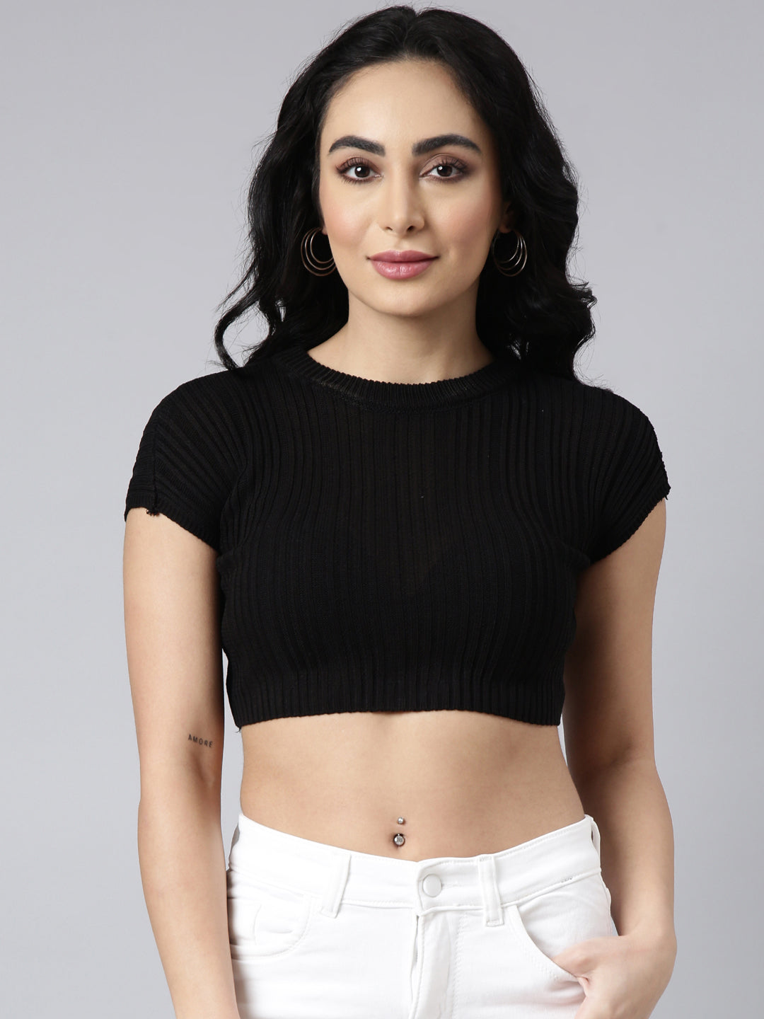 Women Black Self Design Fitted Crop Top