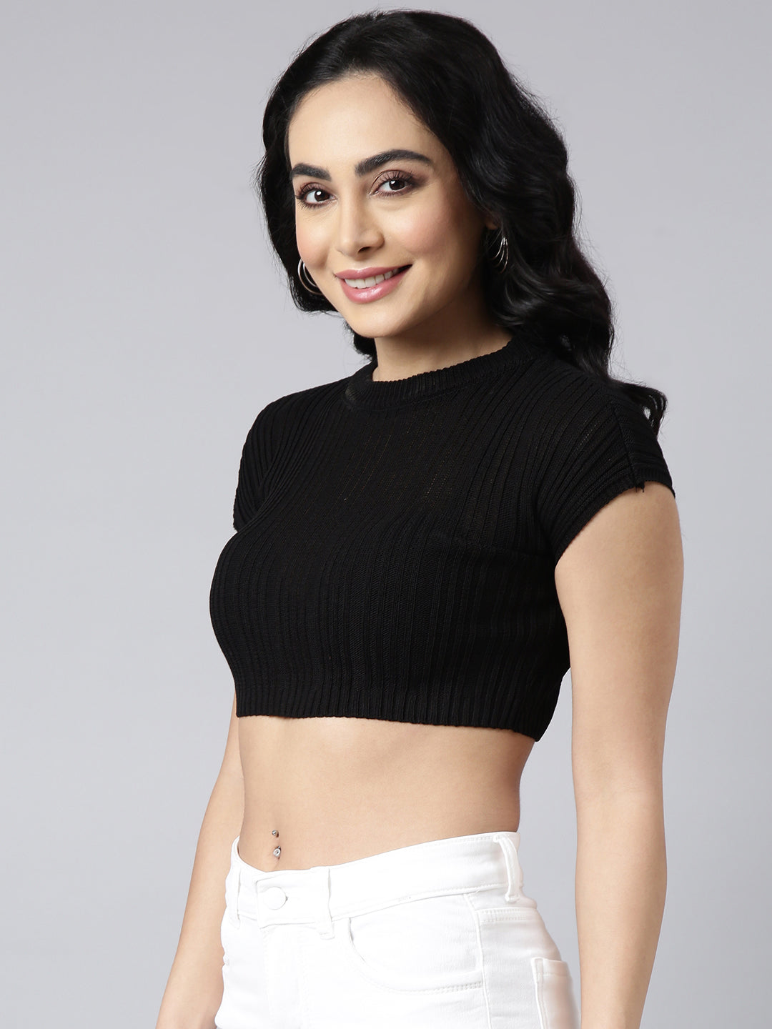 Women Black Self Design Fitted Crop Top