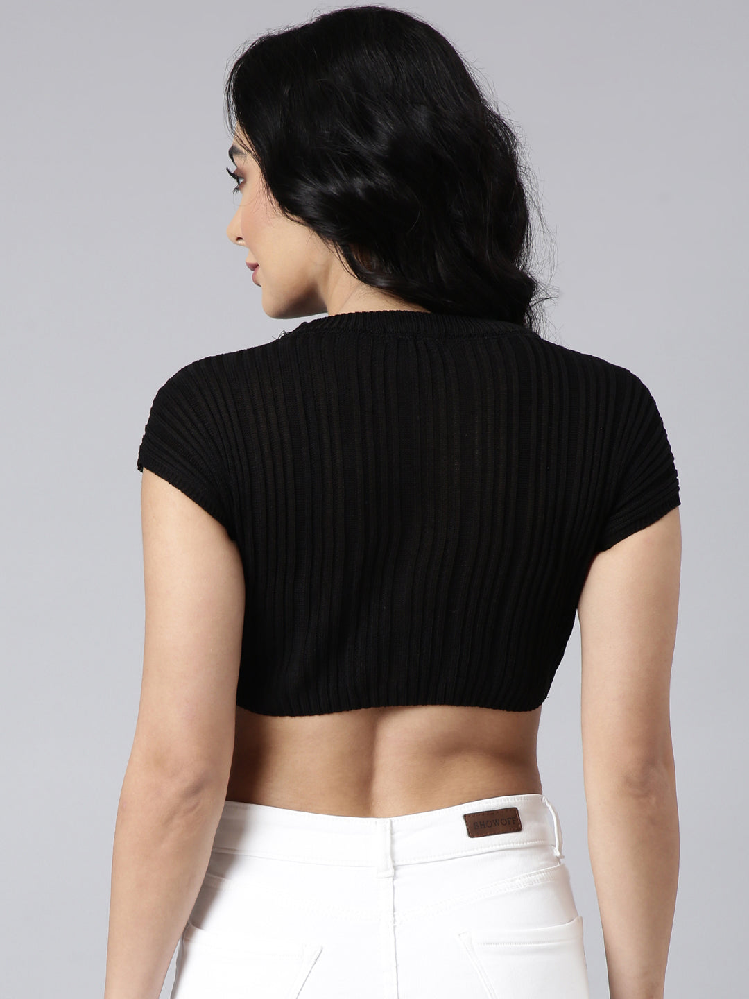 Women Black Self Design Fitted Crop Top