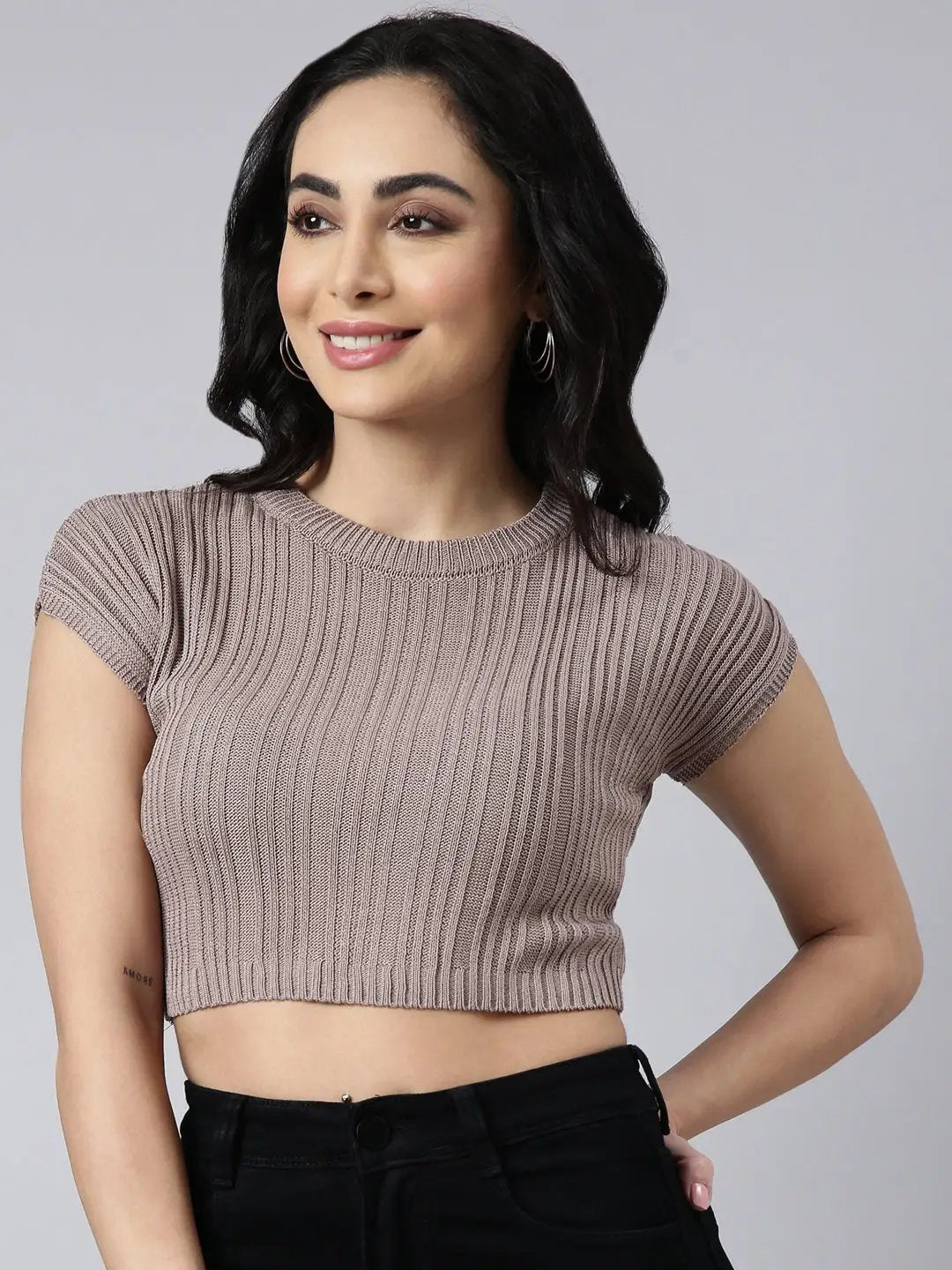 Women's Grey Self Design Fitted Crop Top