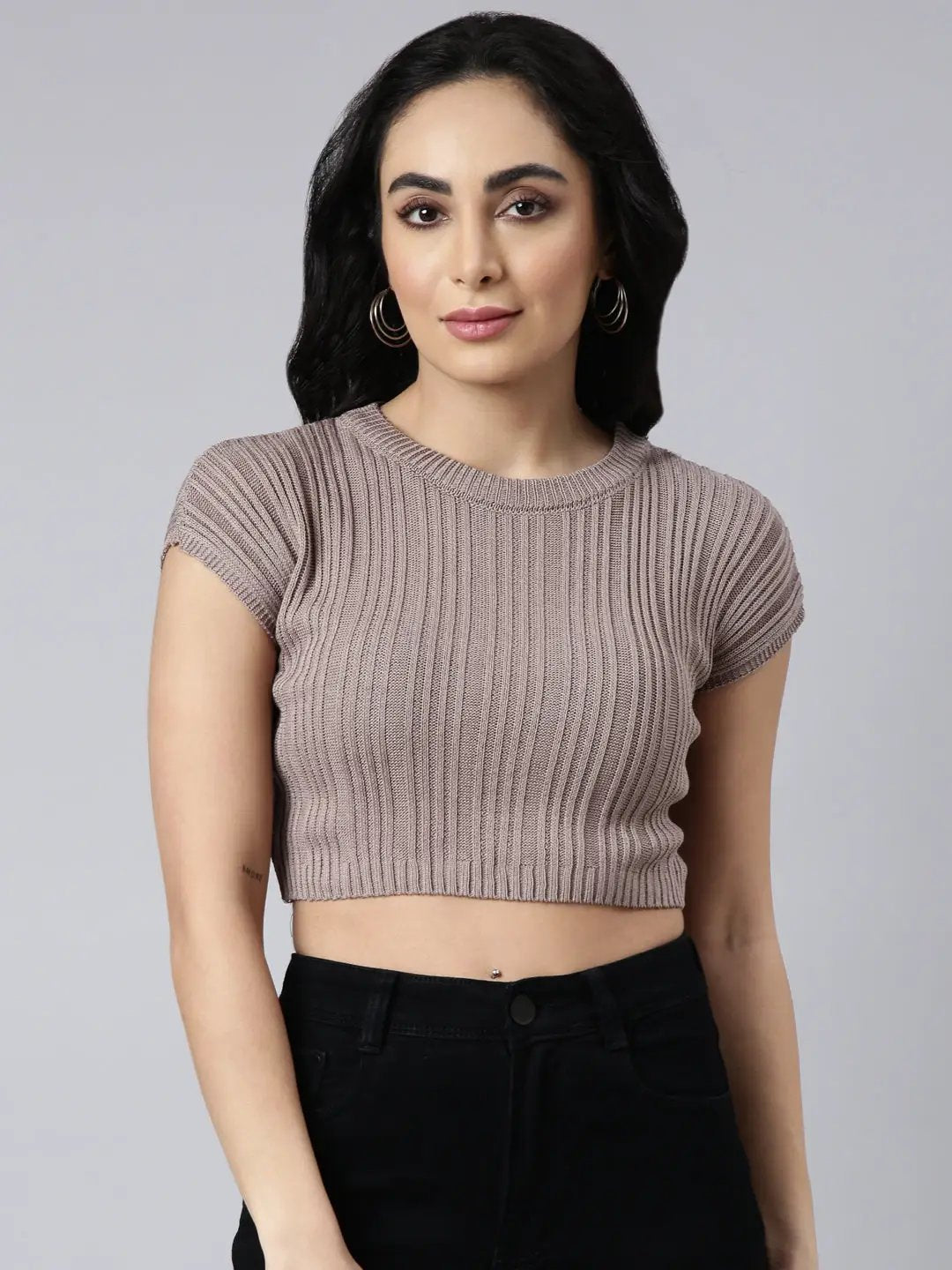 Women's Grey Self Design Fitted Crop Top