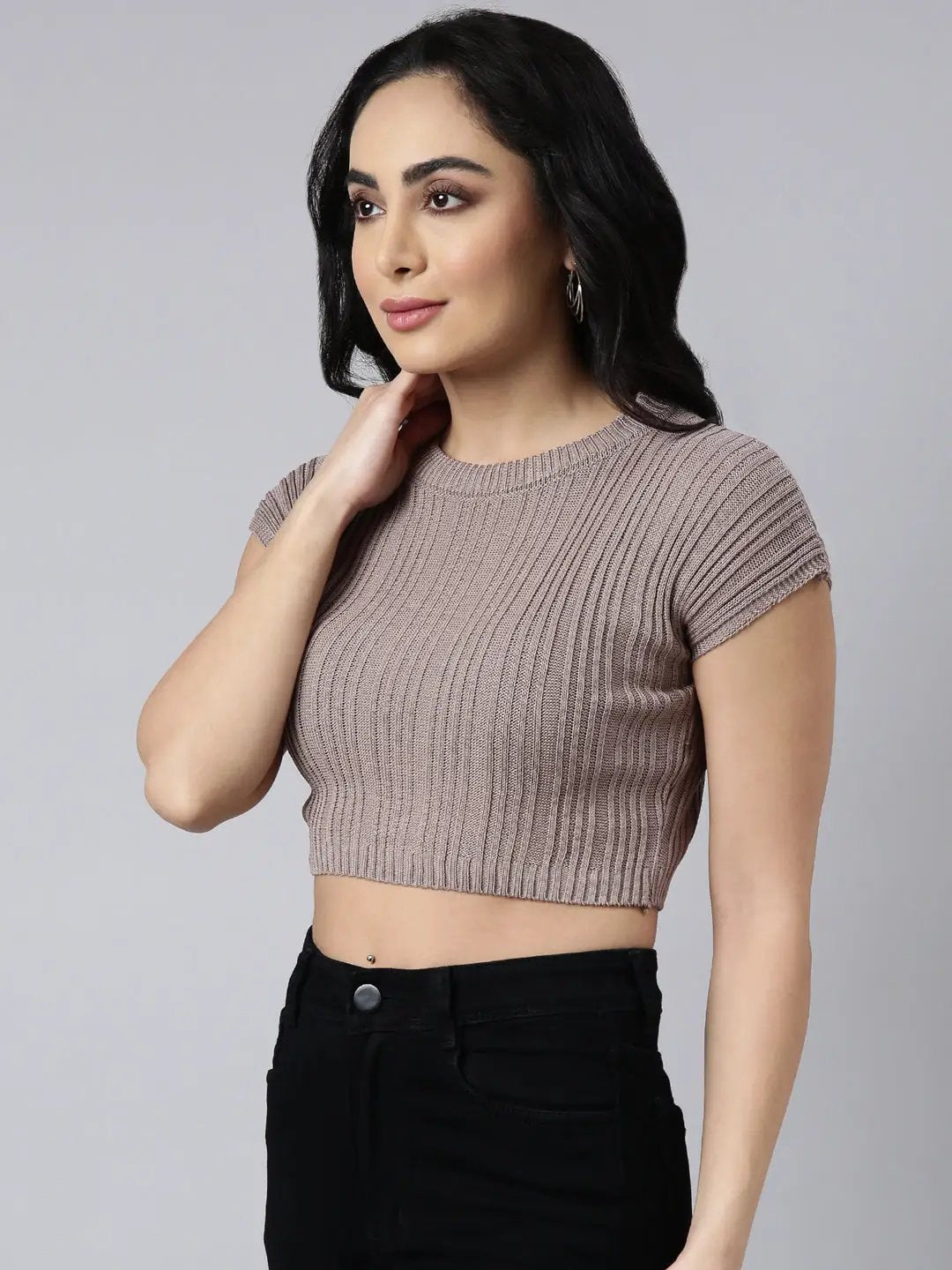 Women's Grey Self Design Fitted Crop Top