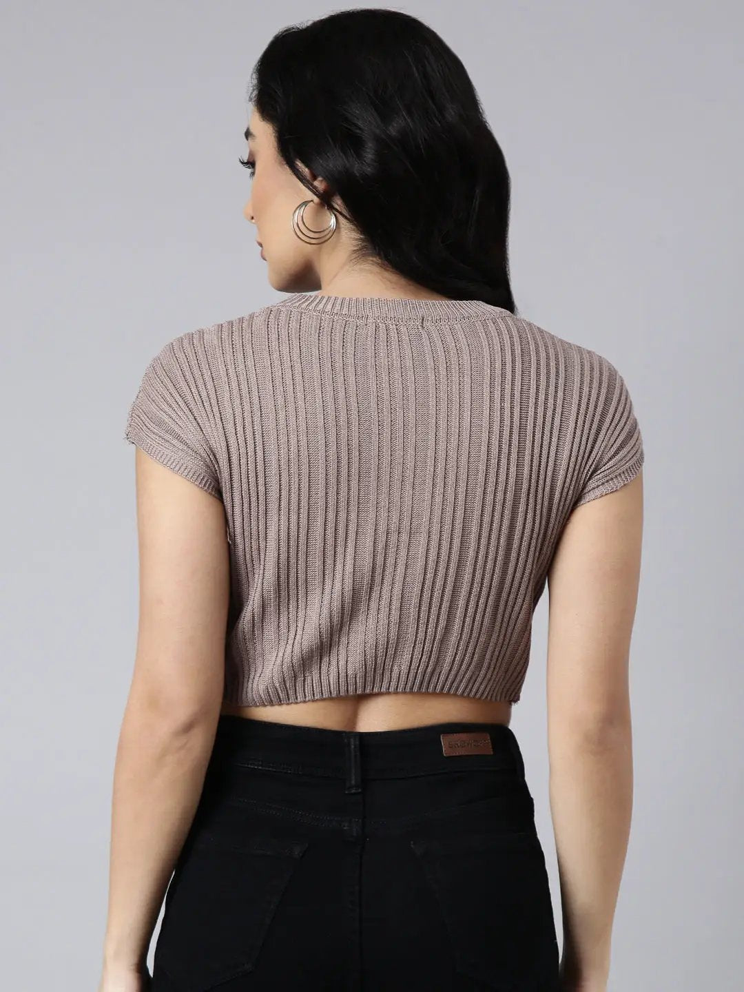 Women's Grey Self Design Fitted Crop Top