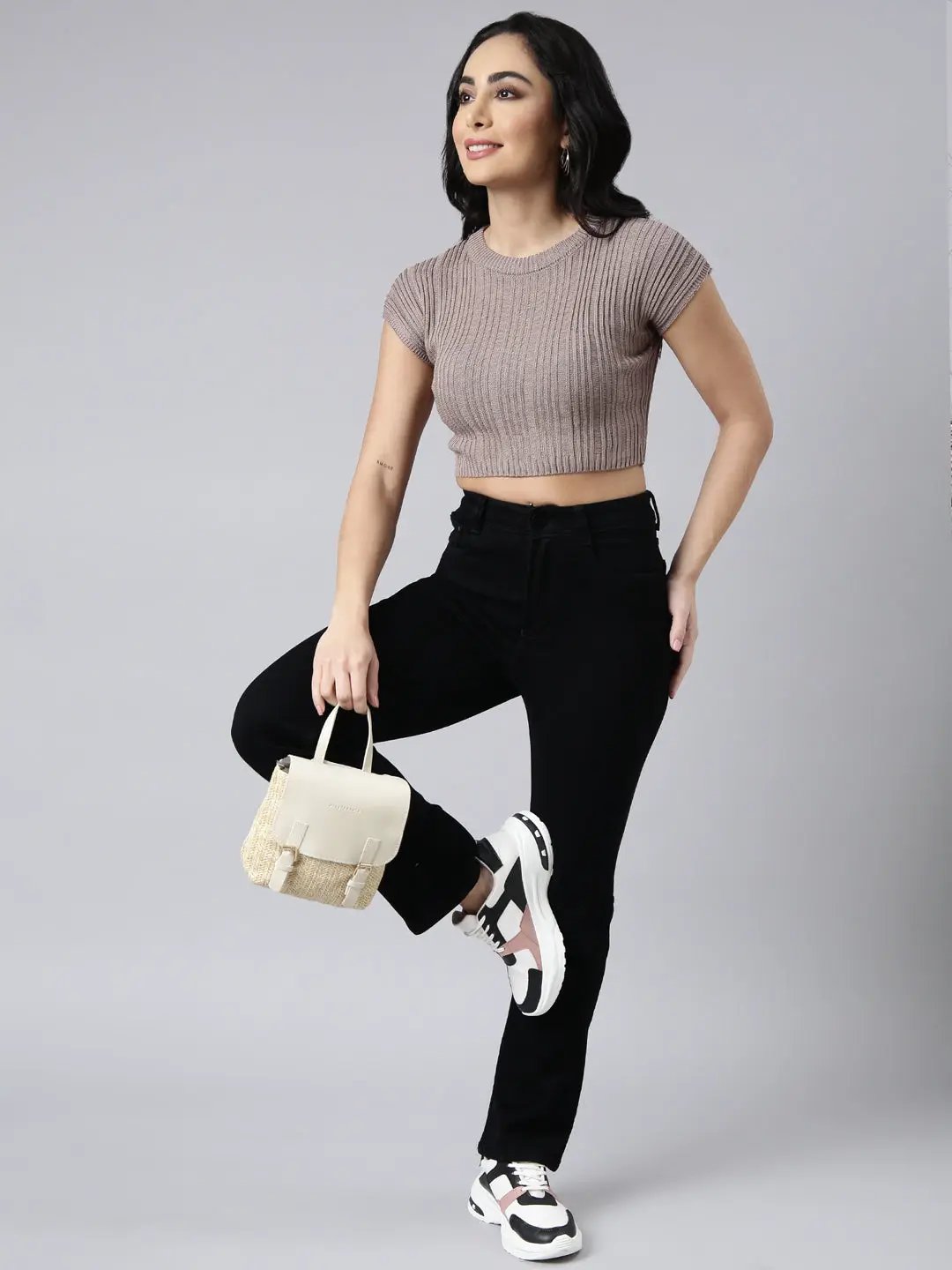 Women's Grey Self Design Fitted Crop Top