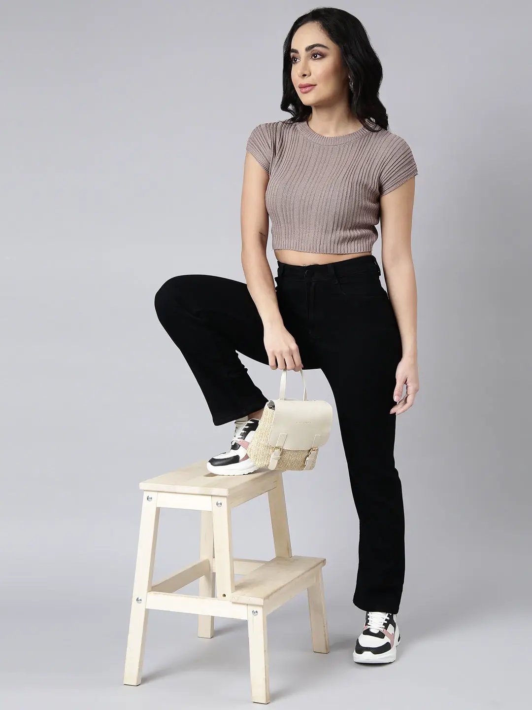 Women's Grey Self Design Fitted Crop Top