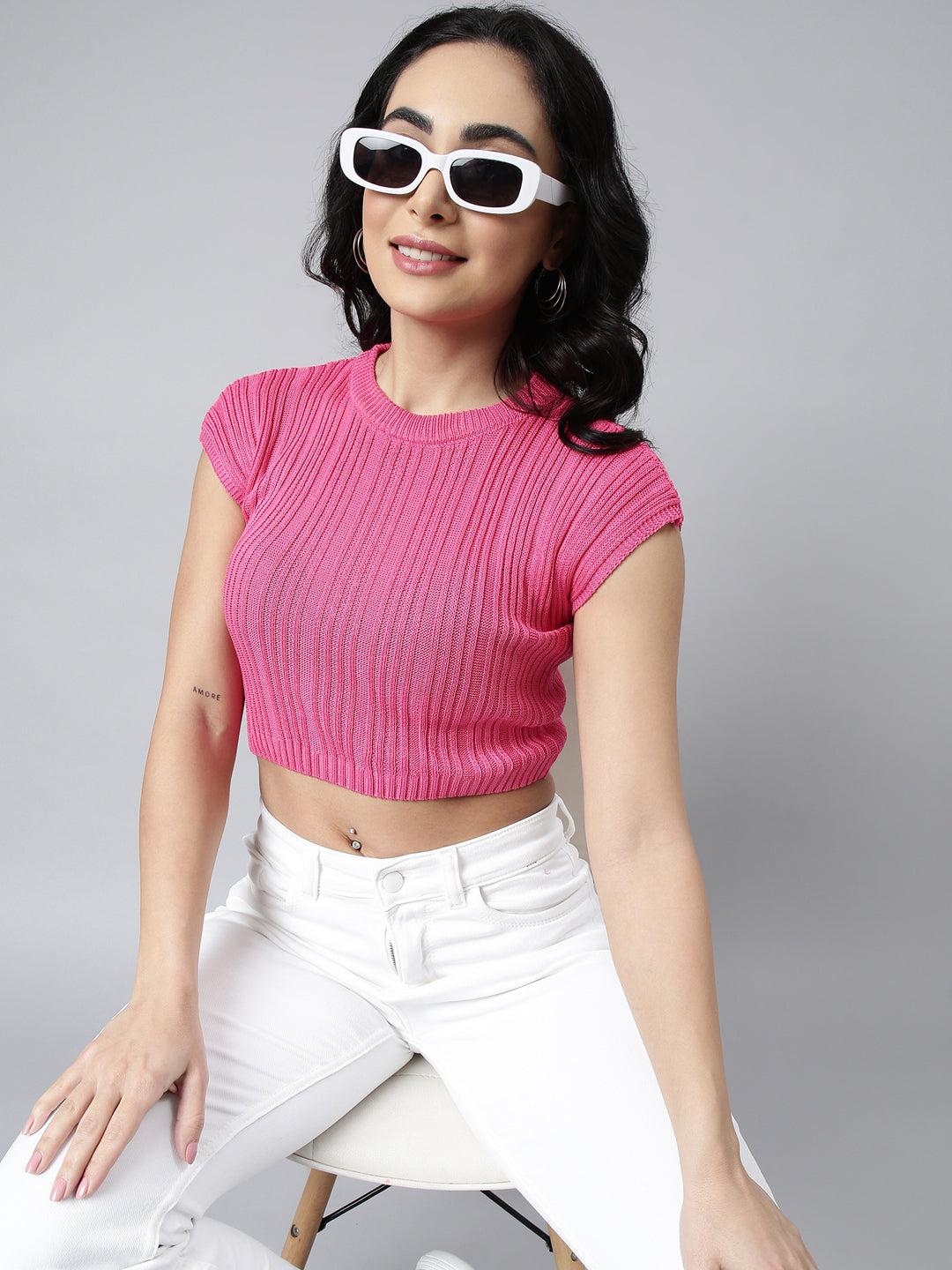 Women's Pink Self Design Fitted Crop Top