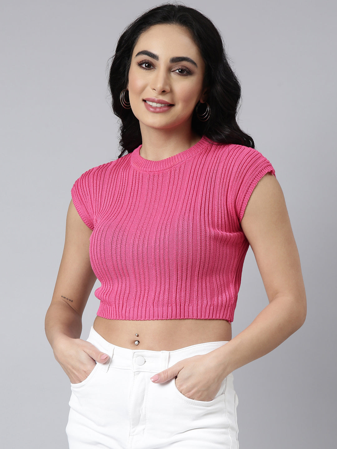 Women's Pink Self Design Fitted Crop Top