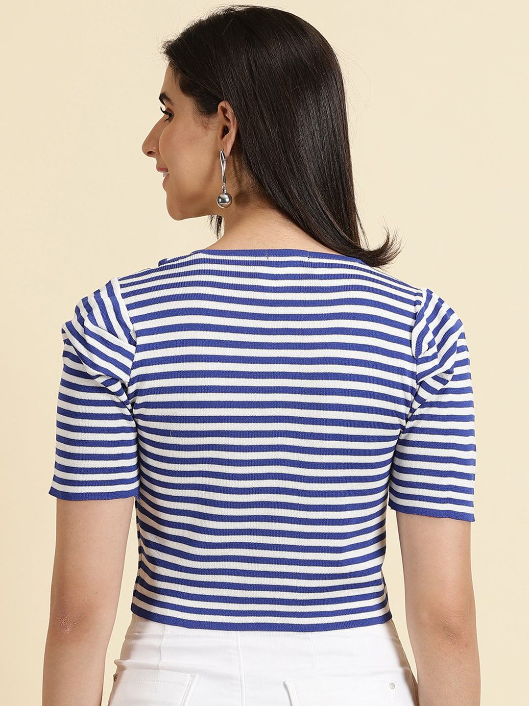 Women's Blue Striped Fitted Crop Top