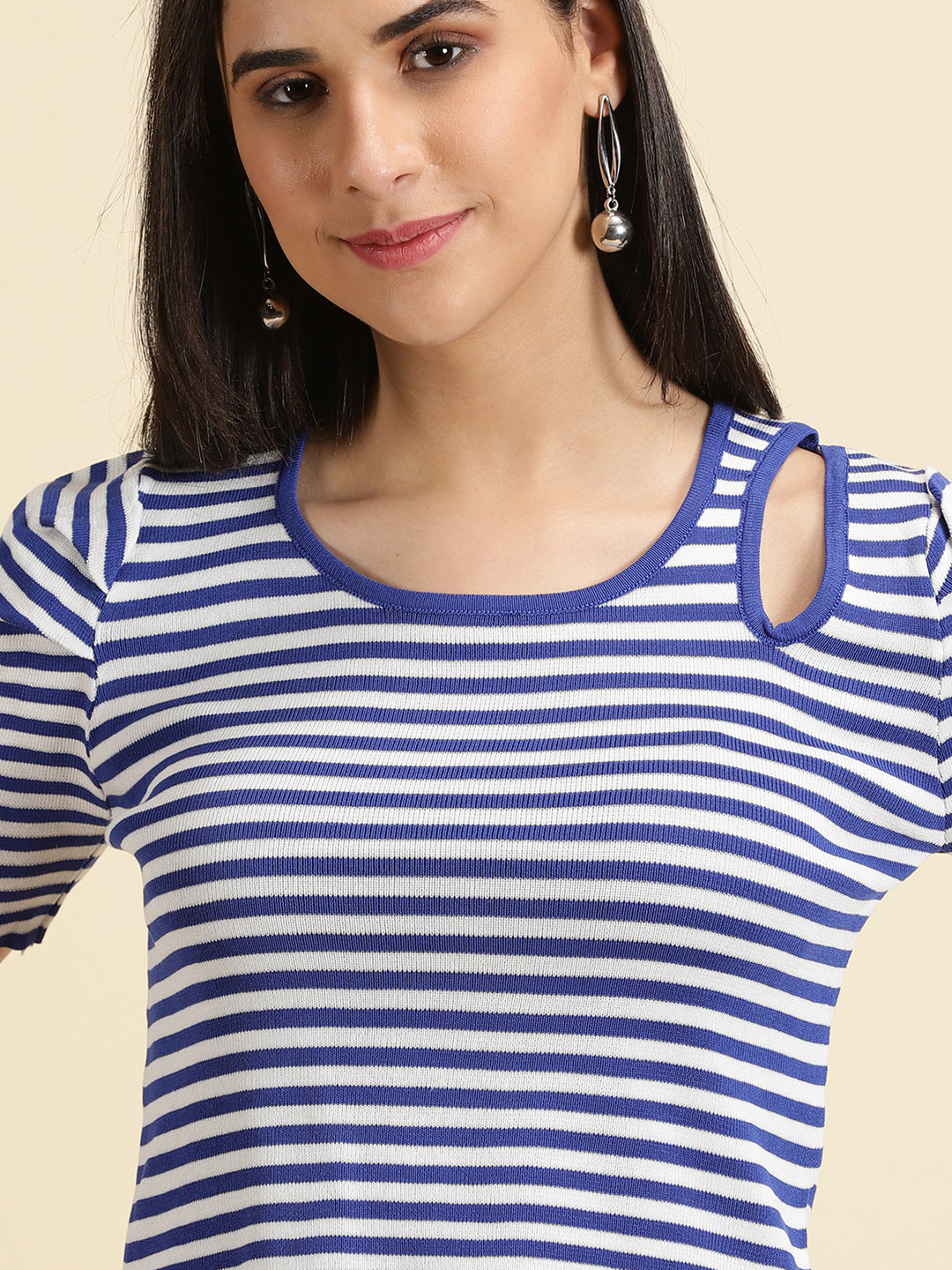 Women's Blue Striped Fitted Crop Top