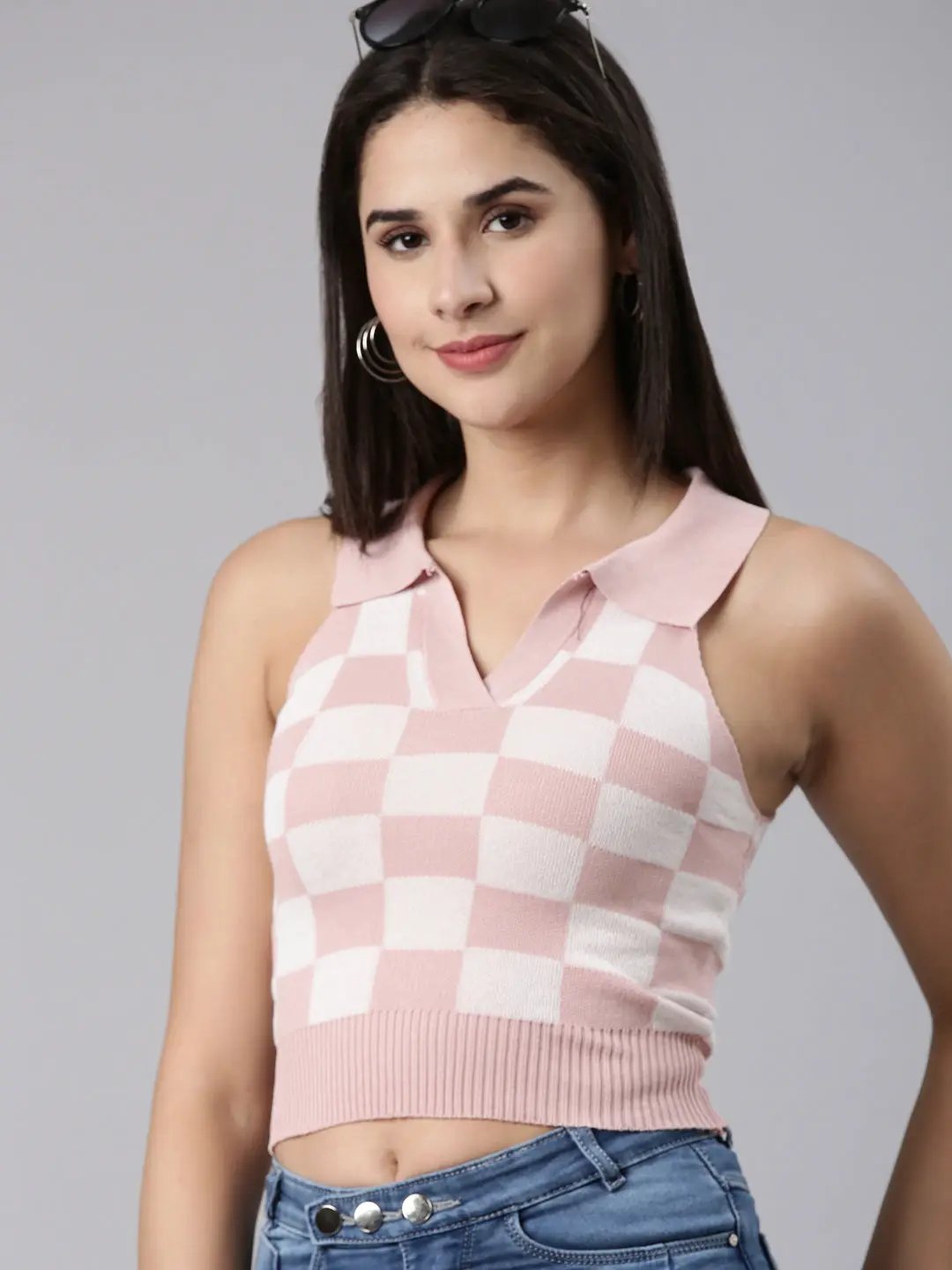 Women's Above the Keyboard Collar Checked Pink Cinched Waist Crop Top