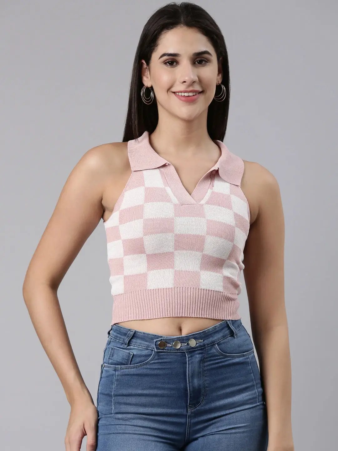 Women's Above the Keyboard Collar Checked Pink Cinched Waist Crop Top