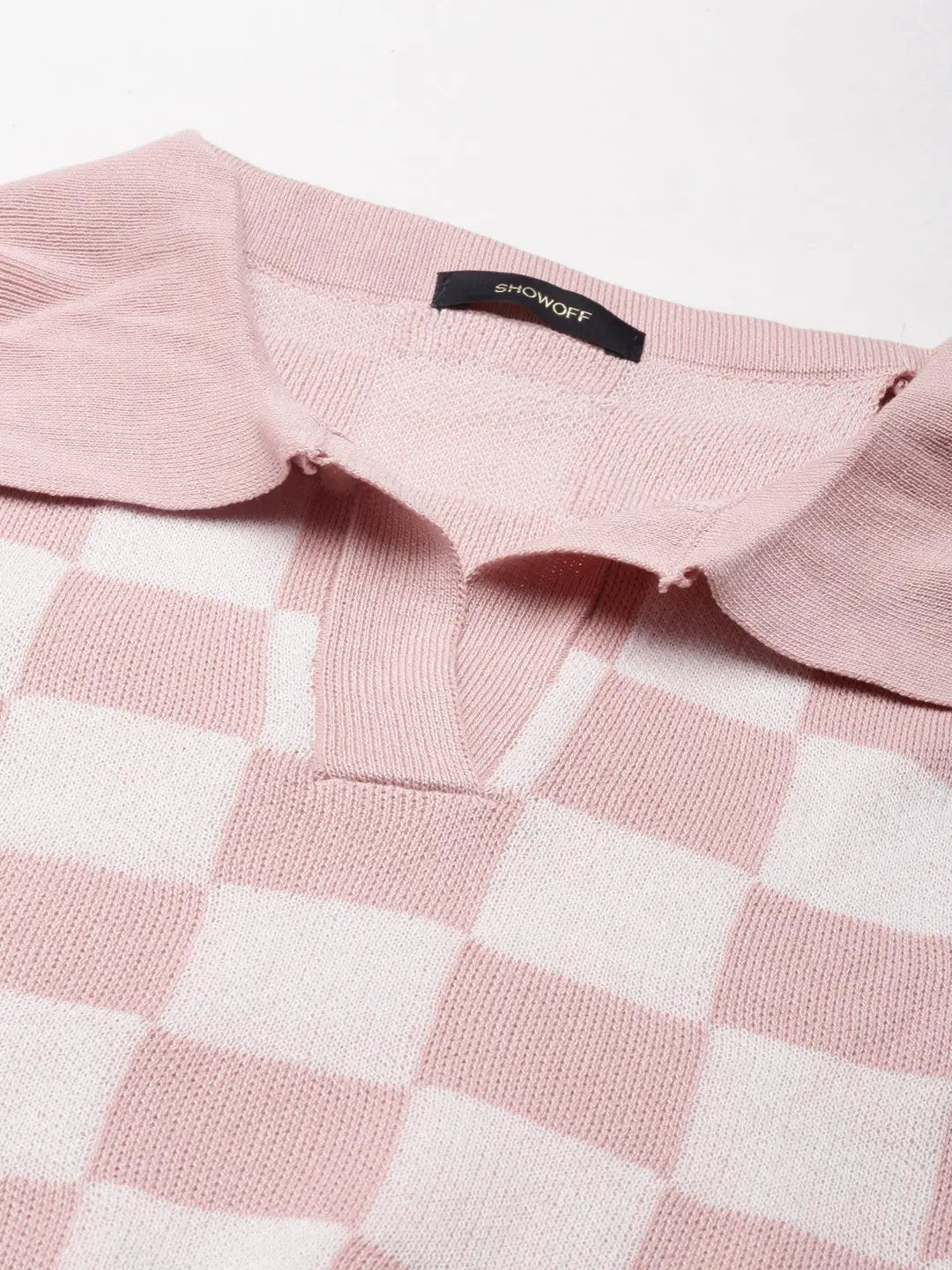 Women's Above the Keyboard Collar Checked Pink Cinched Waist Crop Top
