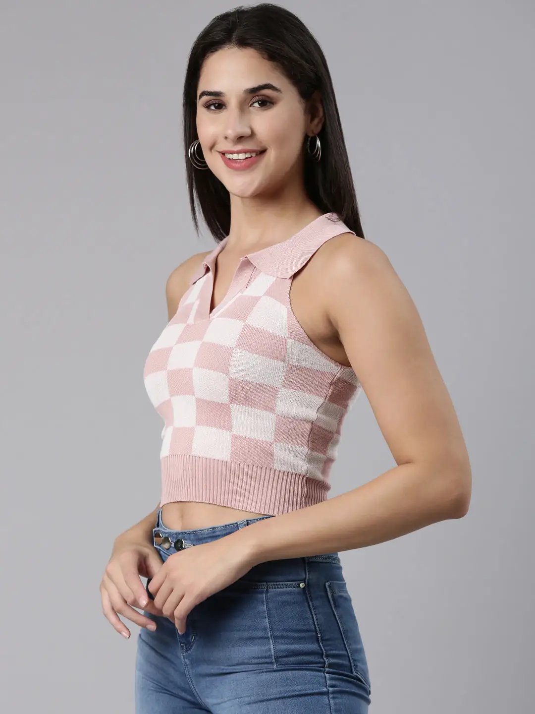 Women's Above the Keyboard Collar Checked Pink Cinched Waist Crop Top