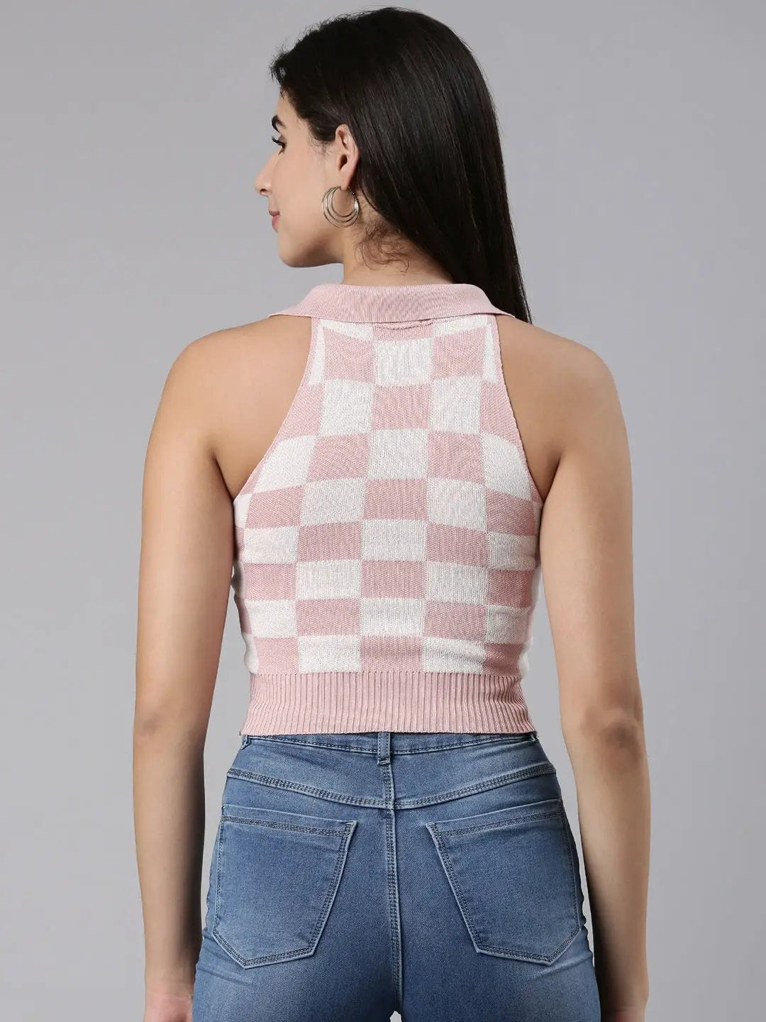 Women's Above the Keyboard Collar Checked Pink Cinched Waist Crop Top