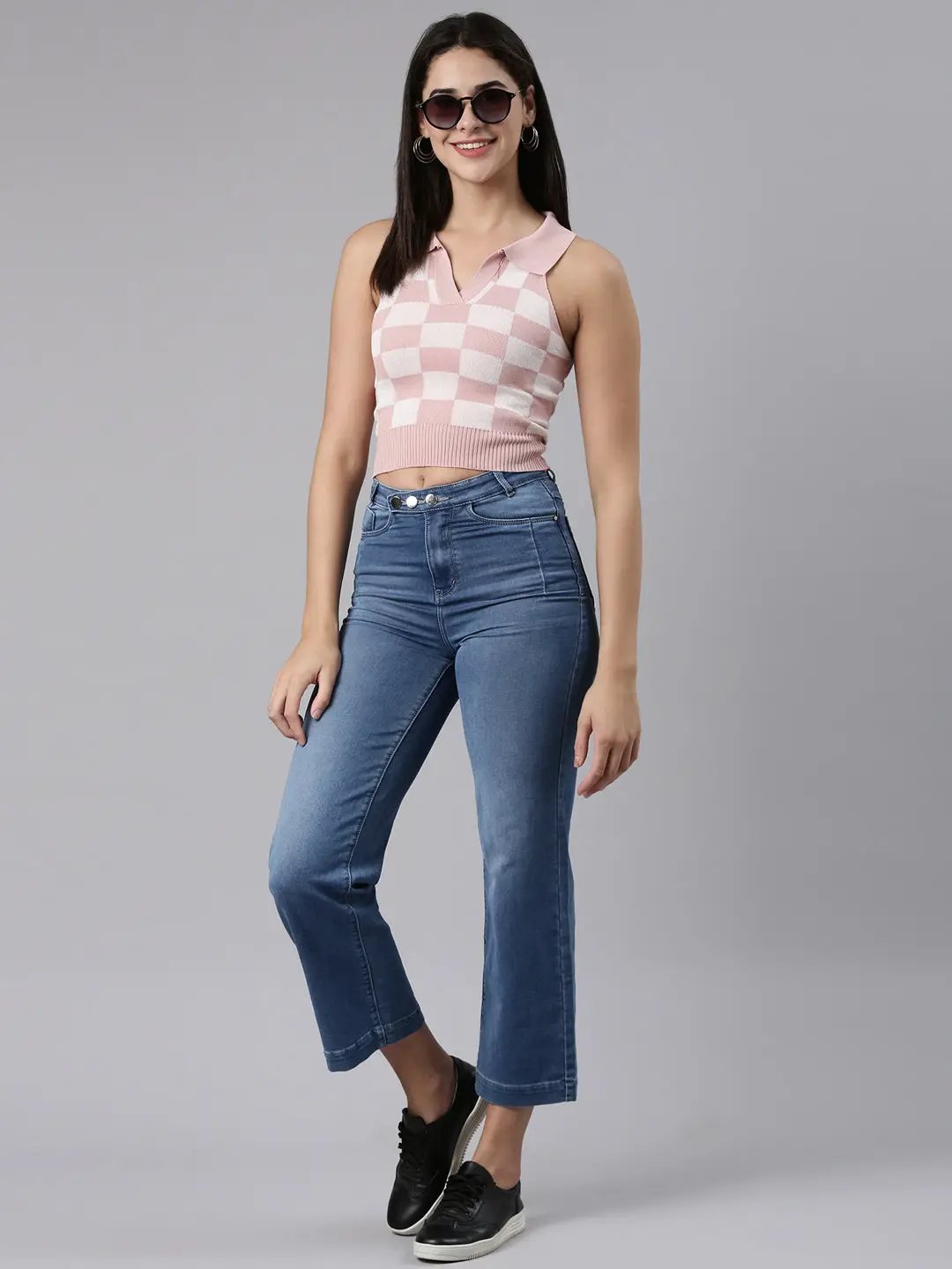 Women's Above the Keyboard Collar Checked Pink Cinched Waist Crop Top