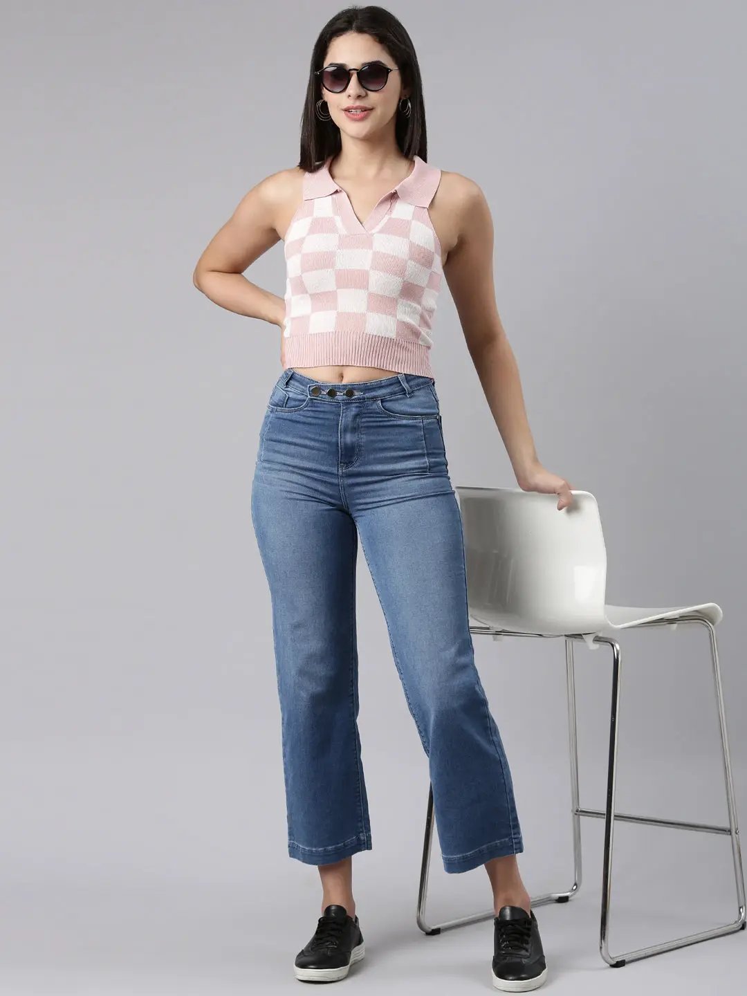 Women's Above the Keyboard Collar Checked Pink Cinched Waist Crop Top