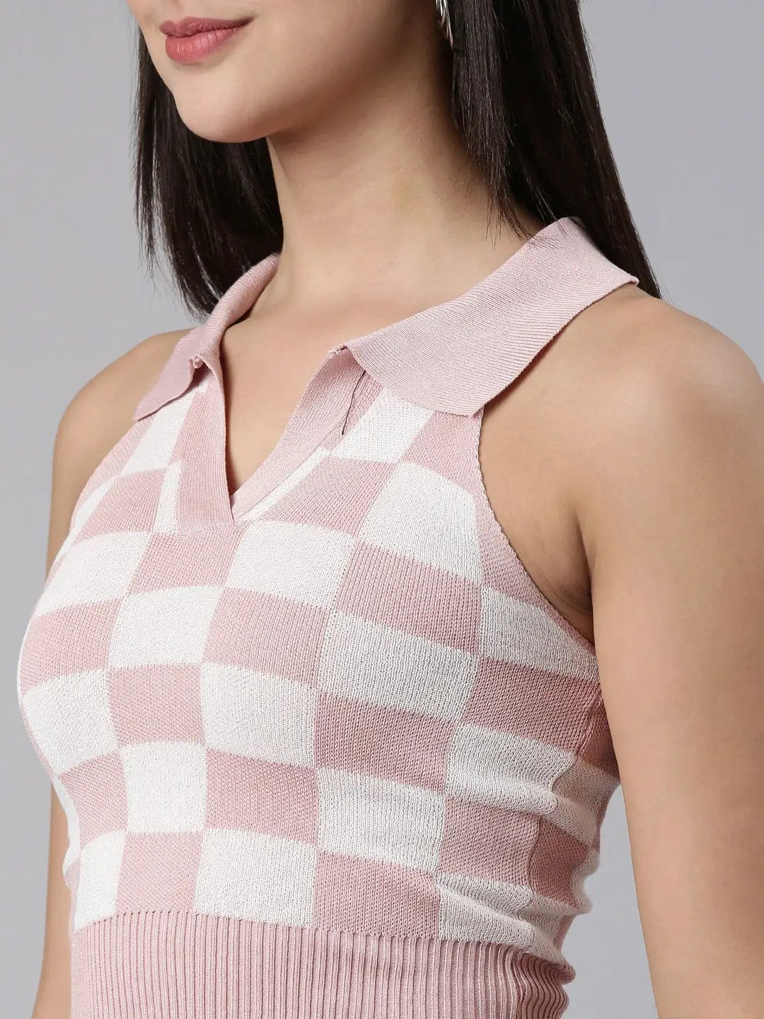 Women's Above the Keyboard Collar Checked Pink Cinched Waist Crop Top