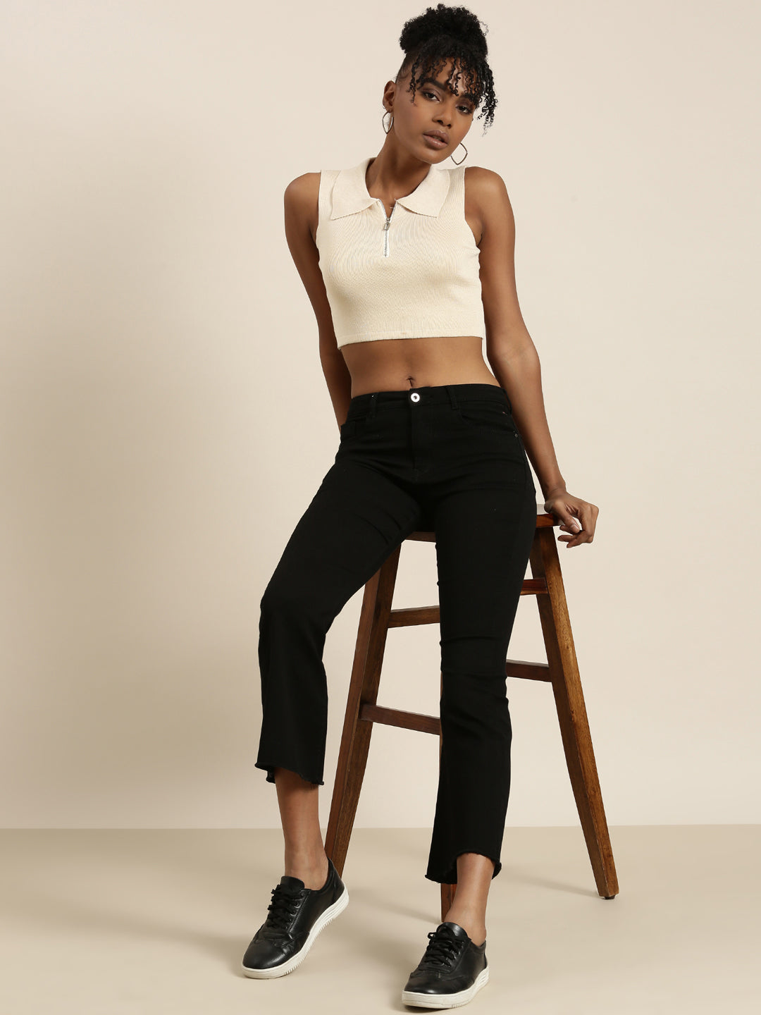 Women's Beige Shirt Collar Sleeveless Cotton Fitted Crop Top