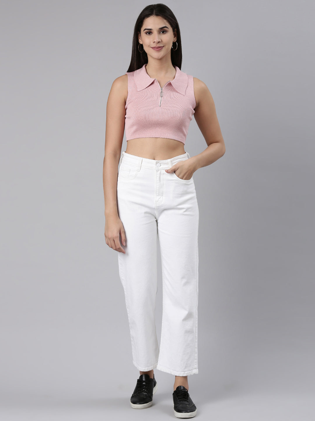 Shirt Collar Solid Sleeveless Fitted Pink Crop Top