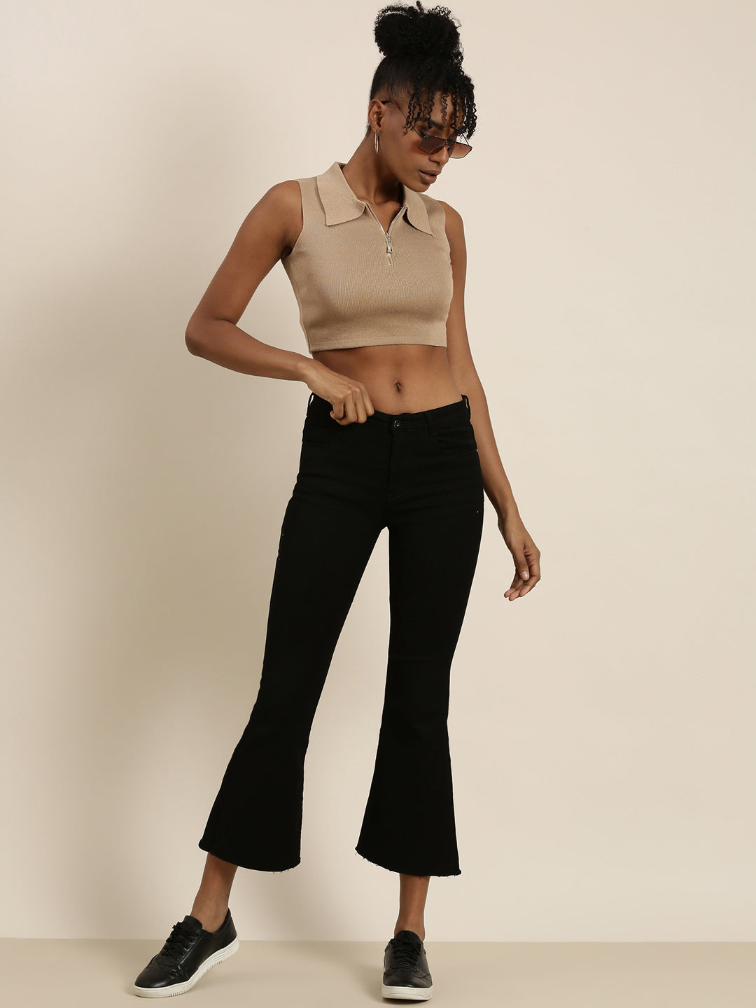 Shirt Collar Solid Sleeveless Fitted Tan Crop Top