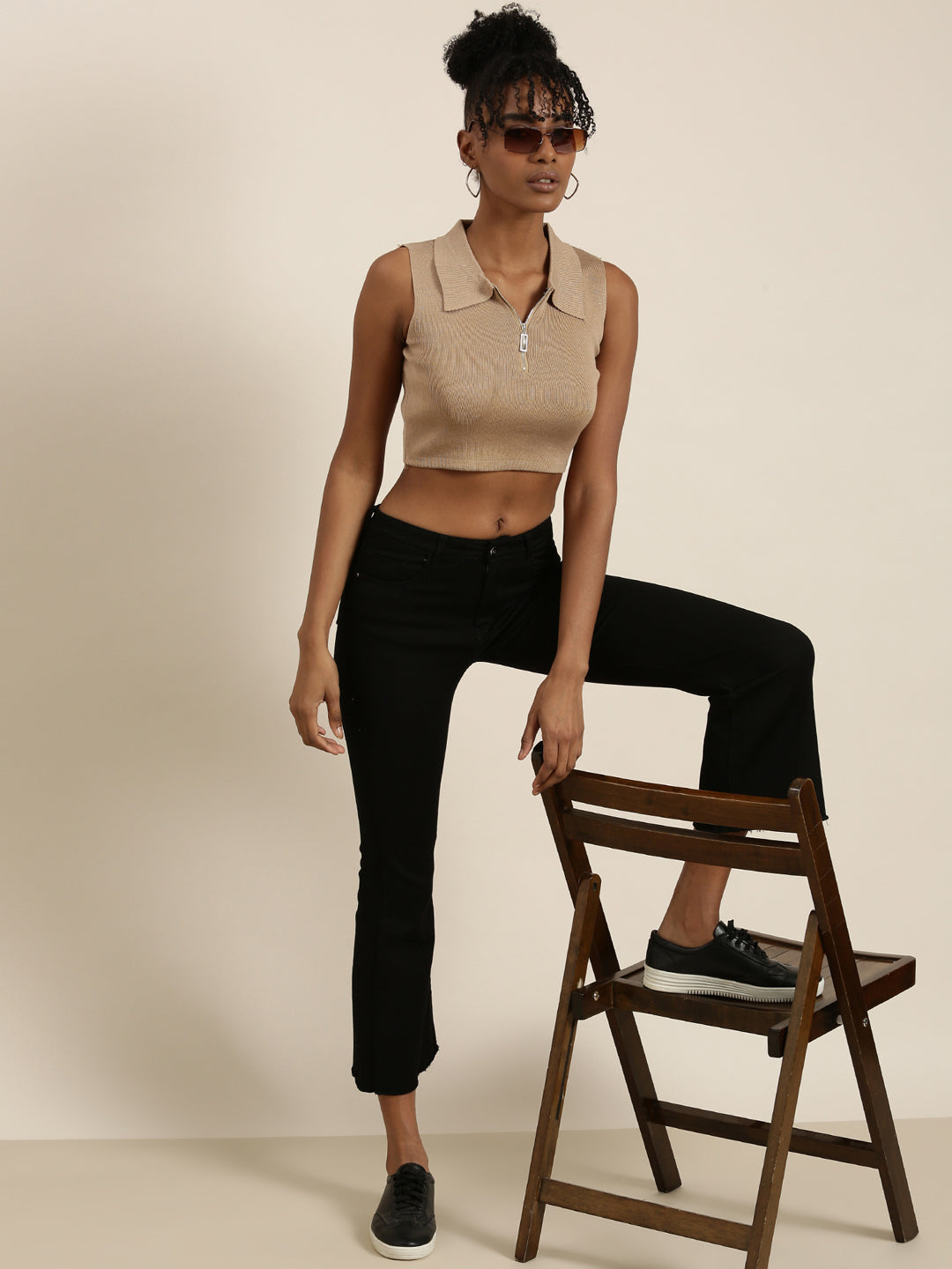 Shirt Collar Solid Sleeveless Fitted Tan Crop Top