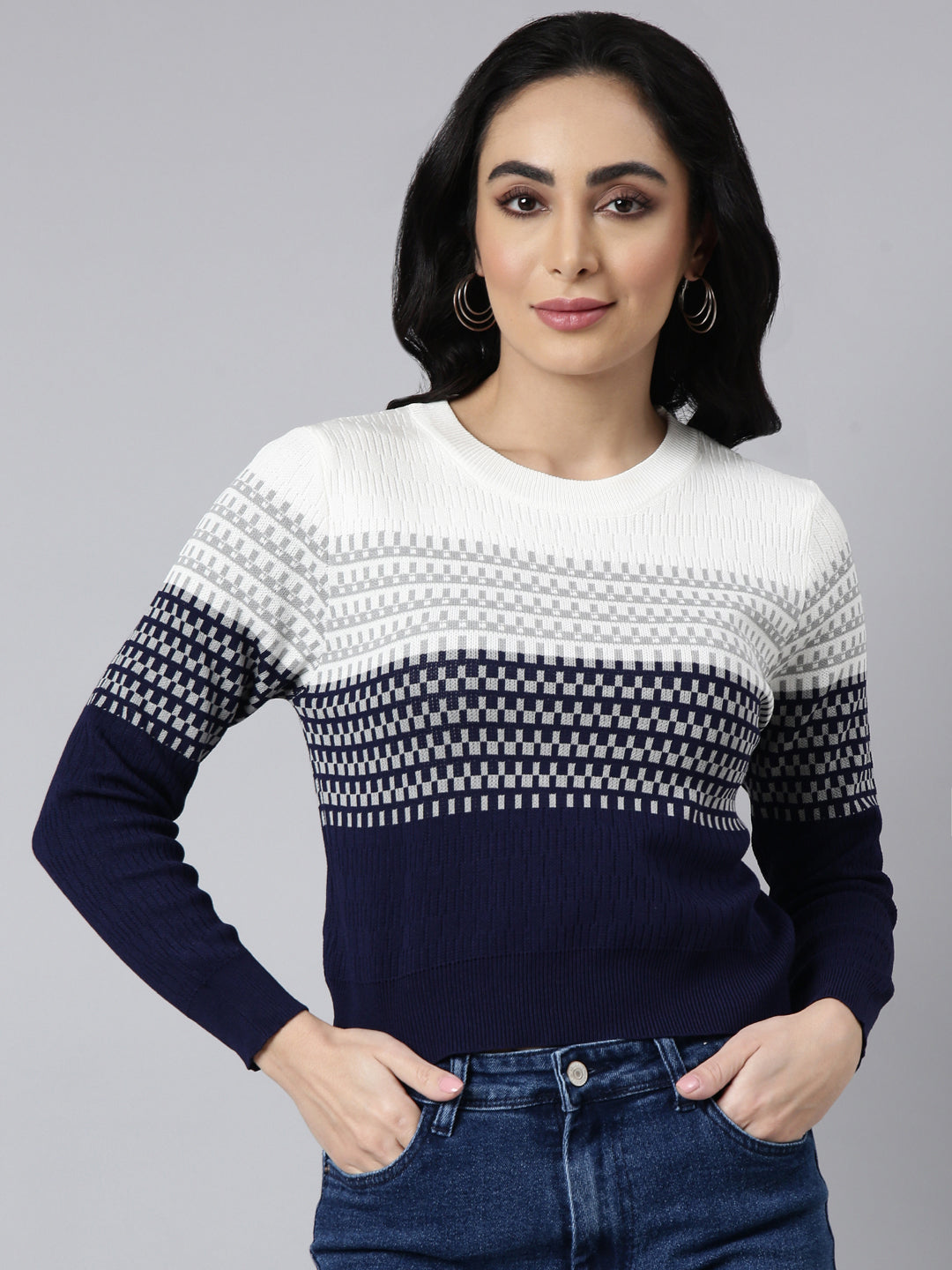 Women's Navy Blue Geometric Fitted Top