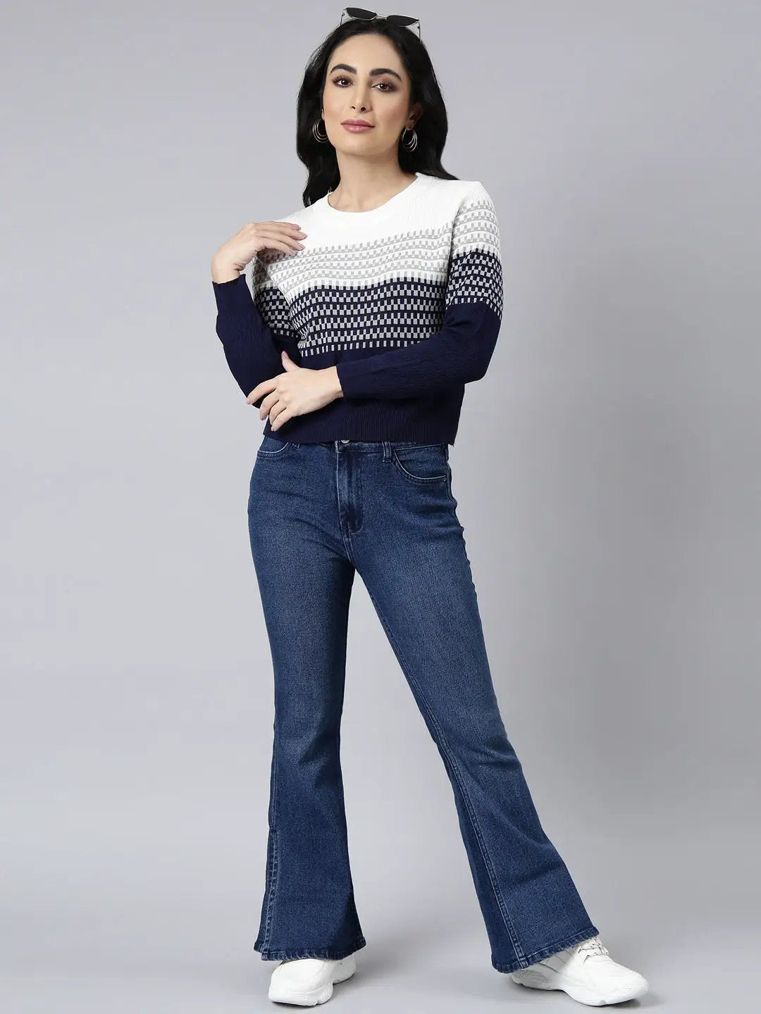 Women's Navy Blue Geometric Fitted Top