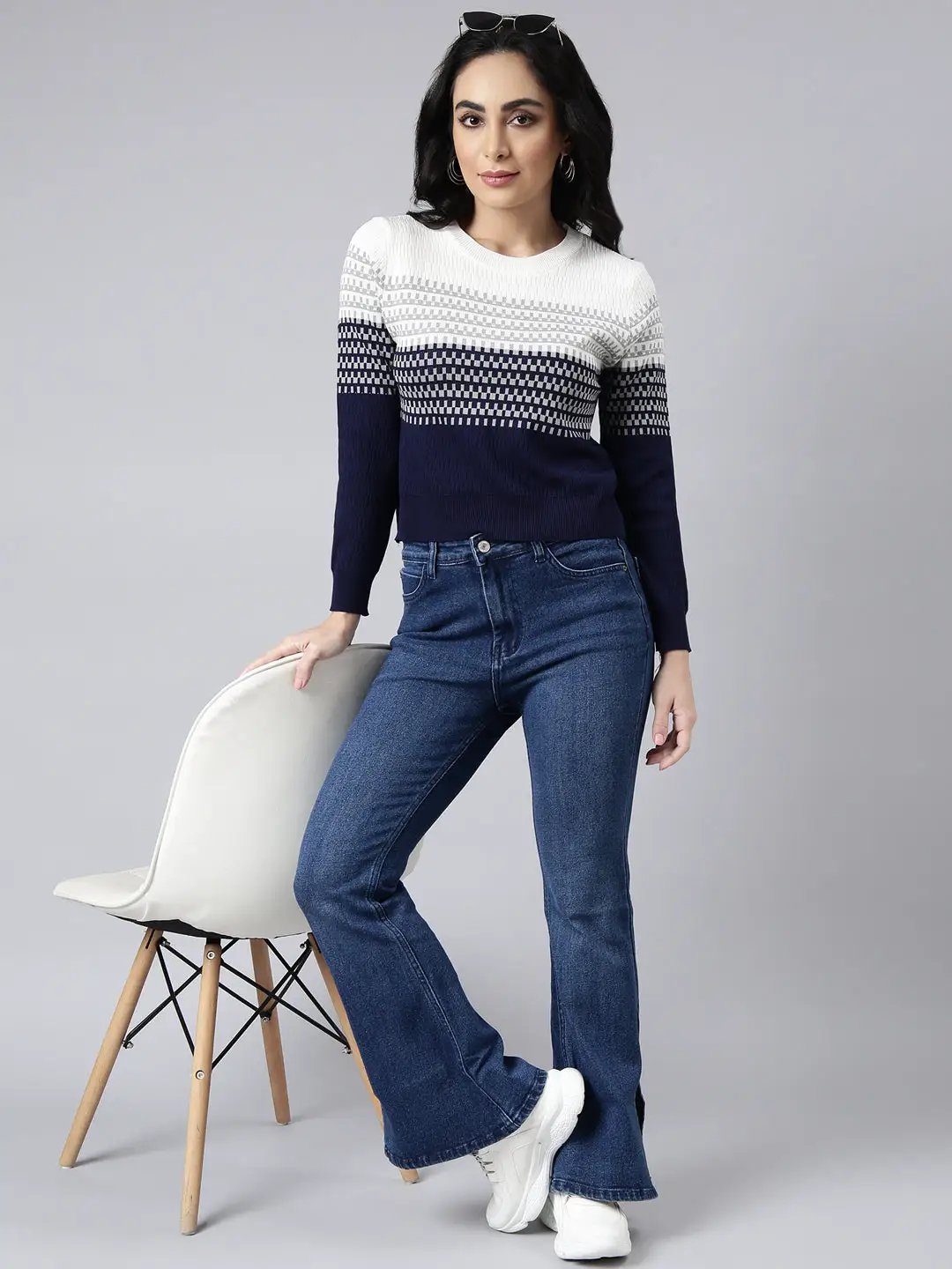 Women's Navy Blue Geometric Fitted Top