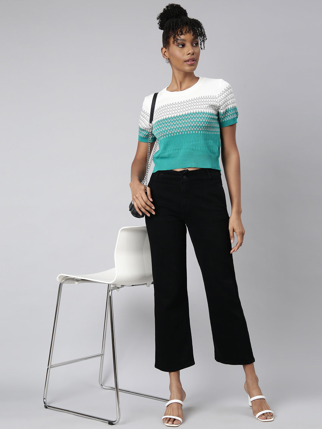 Women's Turquoise Blue Geometric Fitted Top