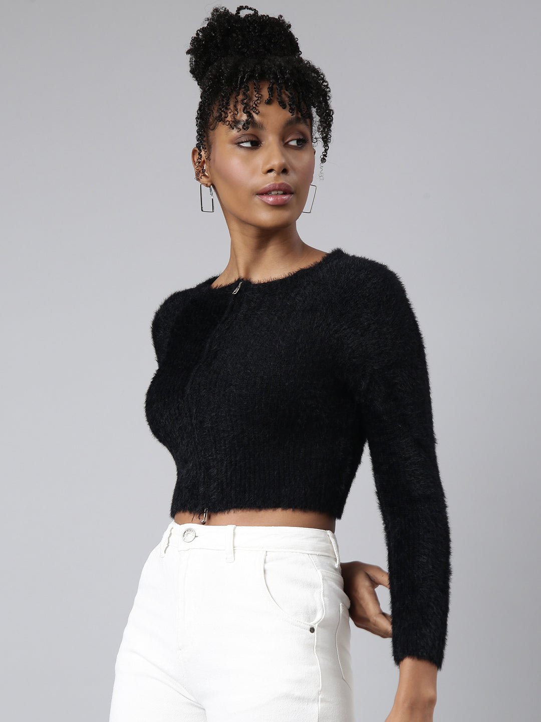 Women Solid Black Crop Cardigan