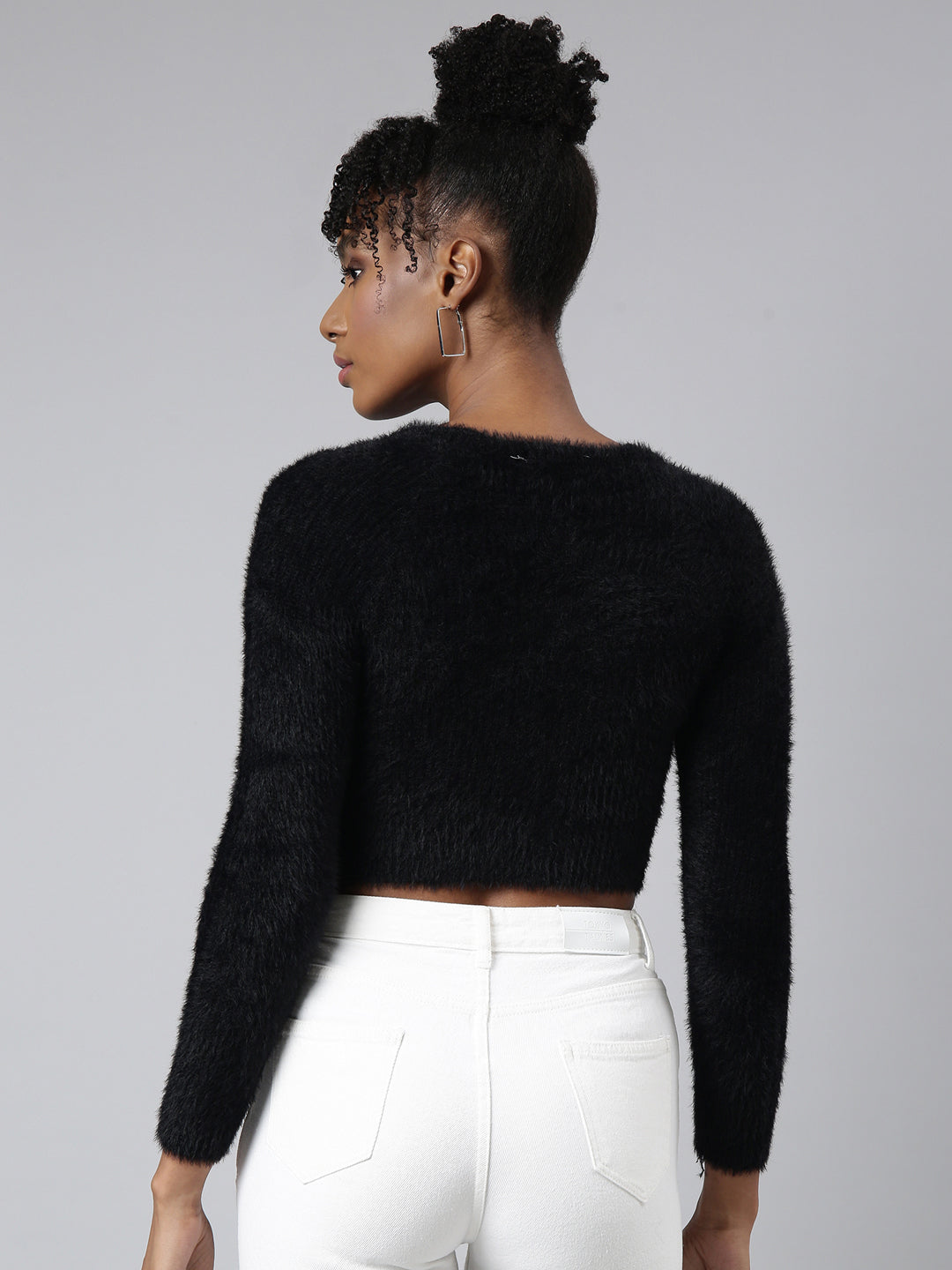 Women Solid Black Crop Cardigan