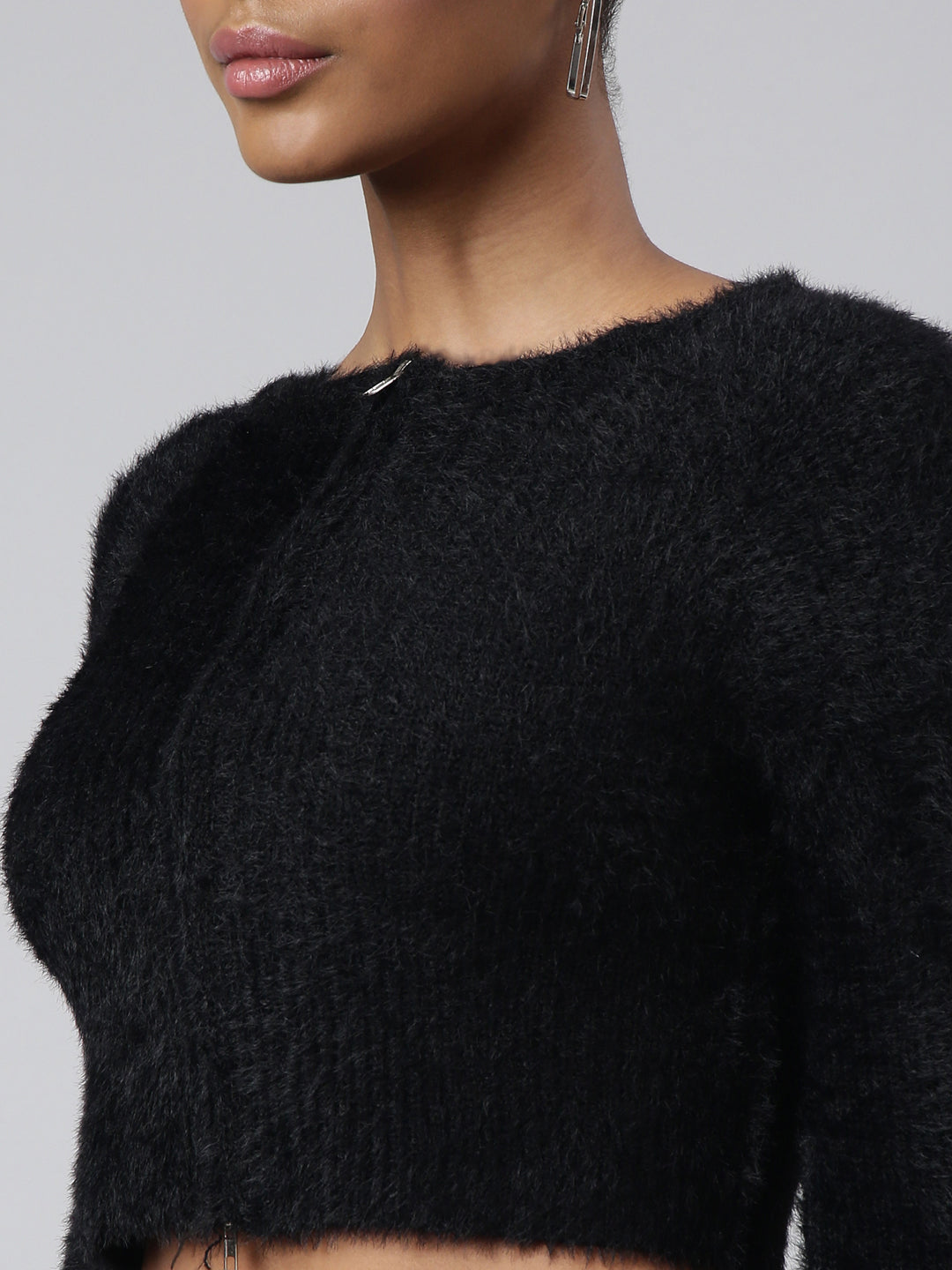 Women Solid Black Crop Cardigan