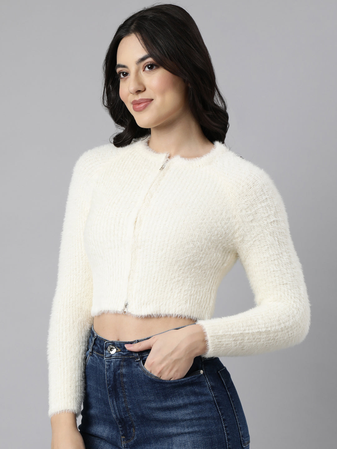 Women Solid Crop Cream Cardigan