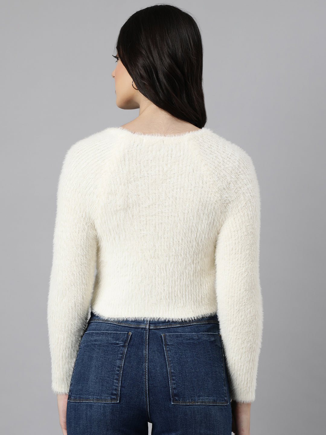 Women Solid Crop Cream Cardigan