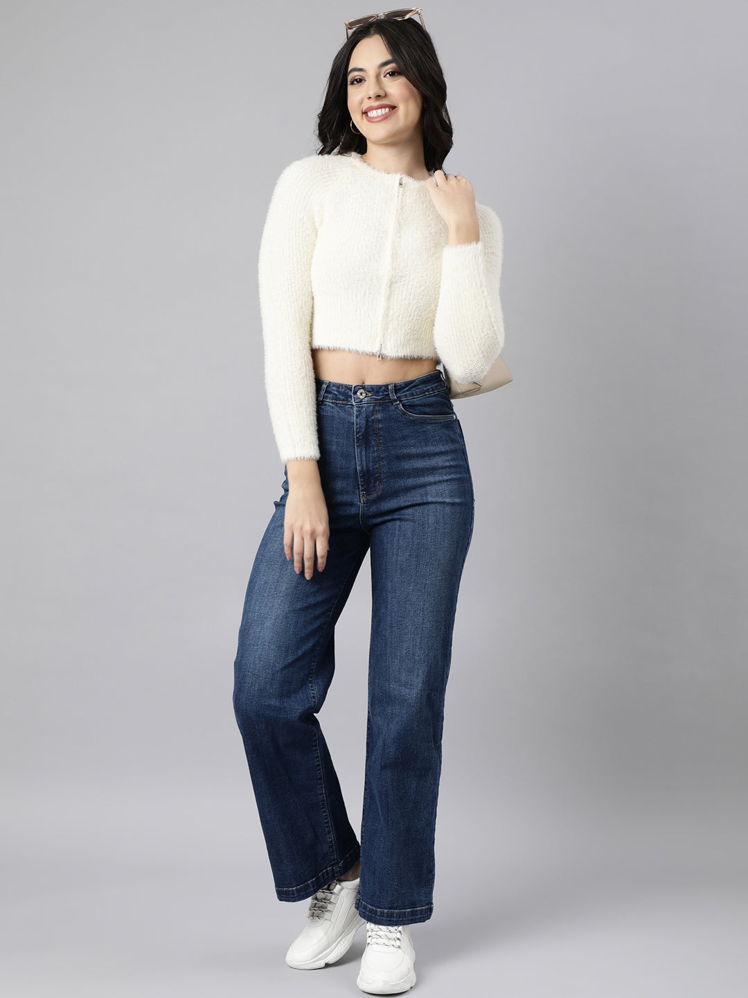 Women Solid Crop Cream Cardigan