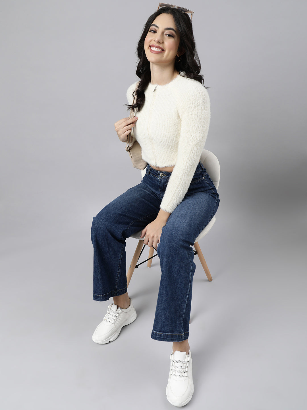 Women Solid Crop Cream Cardigan