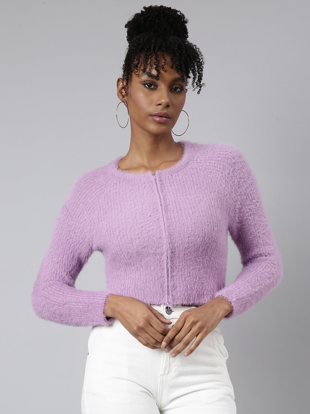 Women Solid Lavender Crop Cardigan