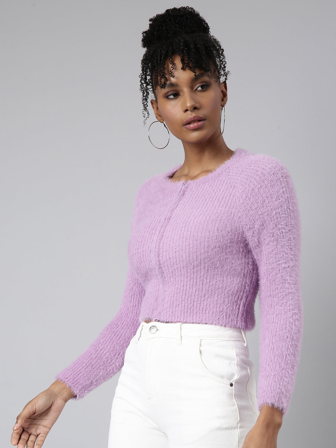 Women Solid Lavender Crop Cardigan