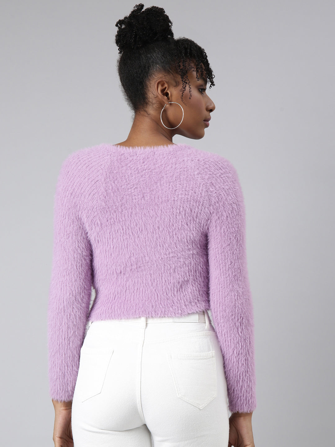 Women Solid Lavender Crop Cardigan