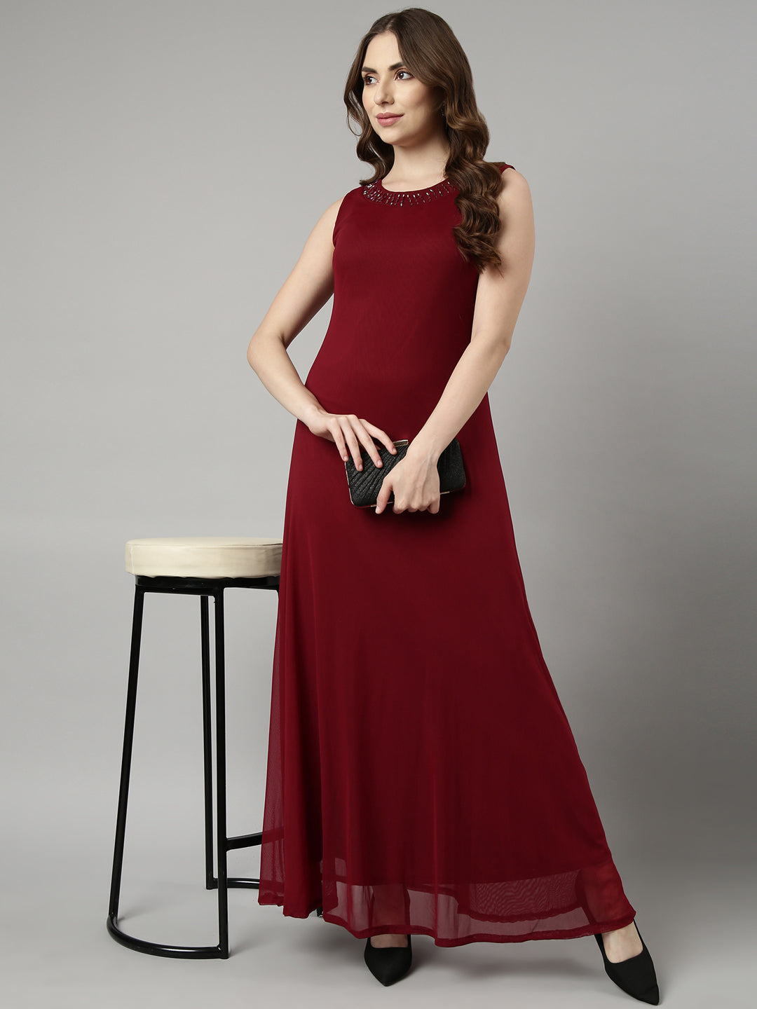 Women's Maroon Solid Maxi Dress