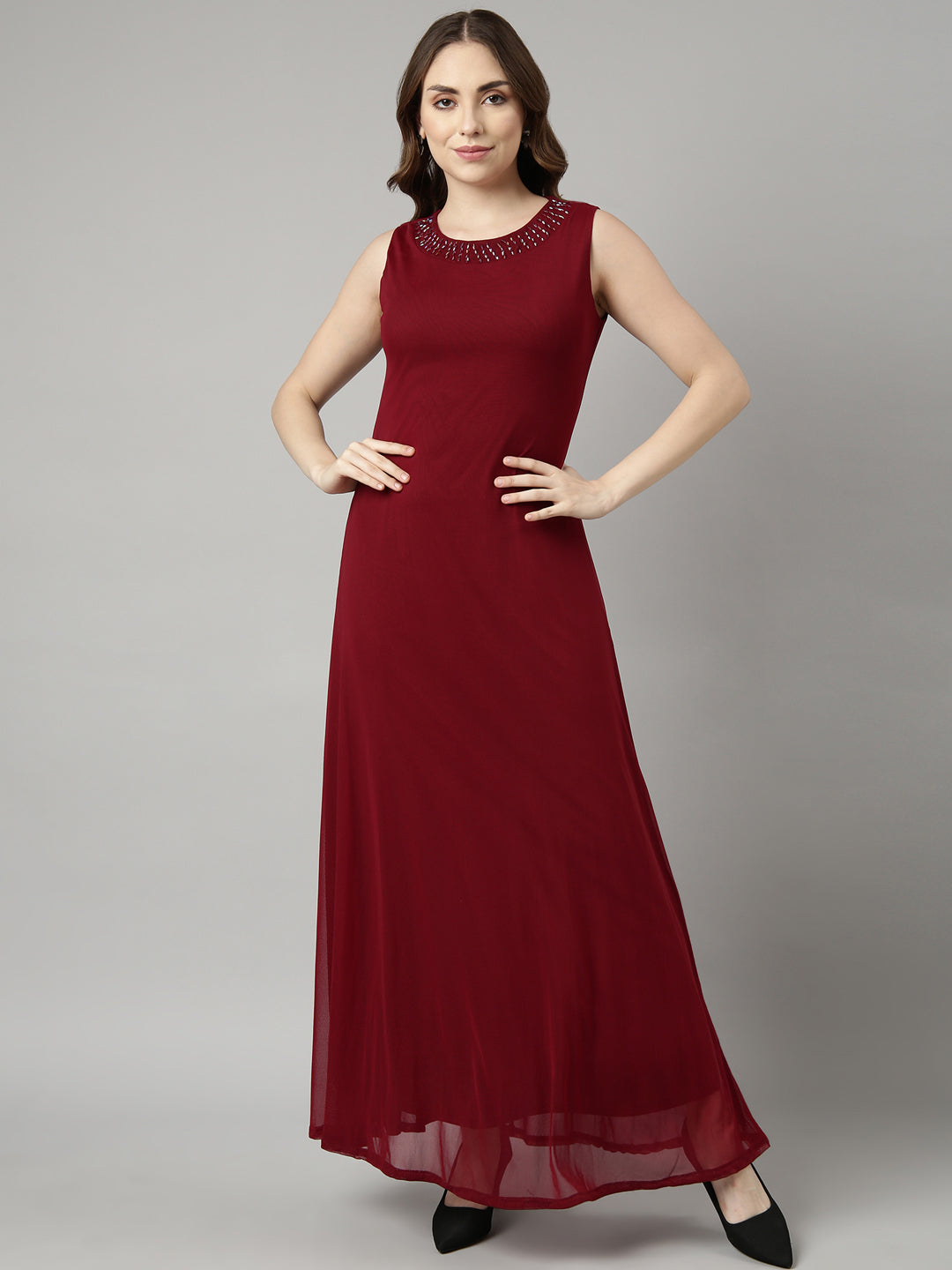 Women's Maroon Solid Maxi Dress